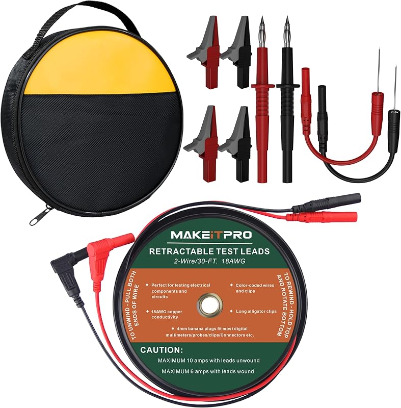 2 Wires 30FT 18AWG Retractable Test Leads with Cable Bag | Dual Ended Electrical Alligator Clips Test Probe Lead Wire Cables for Circuit Connection/Electrical Testing Troubleshooting