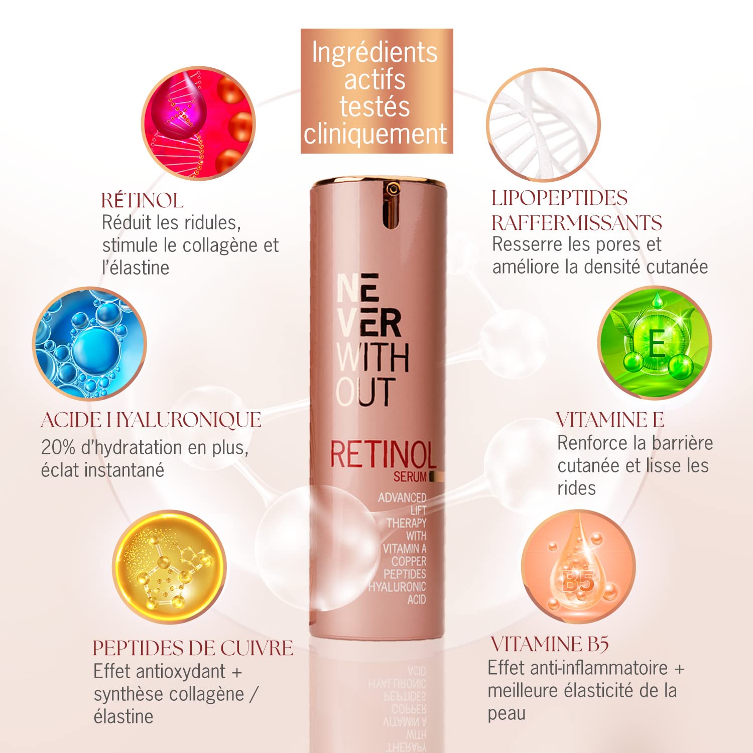 Retinol Sérum Visage + Haute Dose Acide Hyaluronique Pour un Effet Lifting Immédiat + Peptides Anti-Âge, Vitamines A, B5 et E - Sérum Anti-Rides Raffermissant - Fabriqué en Allemagne
