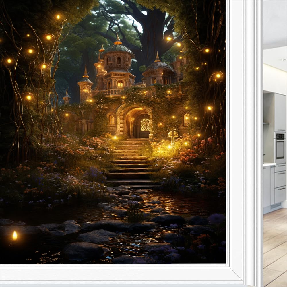 Fantasy Fairy Tale Garden Window Privacy Film Stained Glass Beautiful Castle Gorgeous Window Clings for Glass Decorative Stickers Static Cling Sun Blocking Coverings 70x120 cm