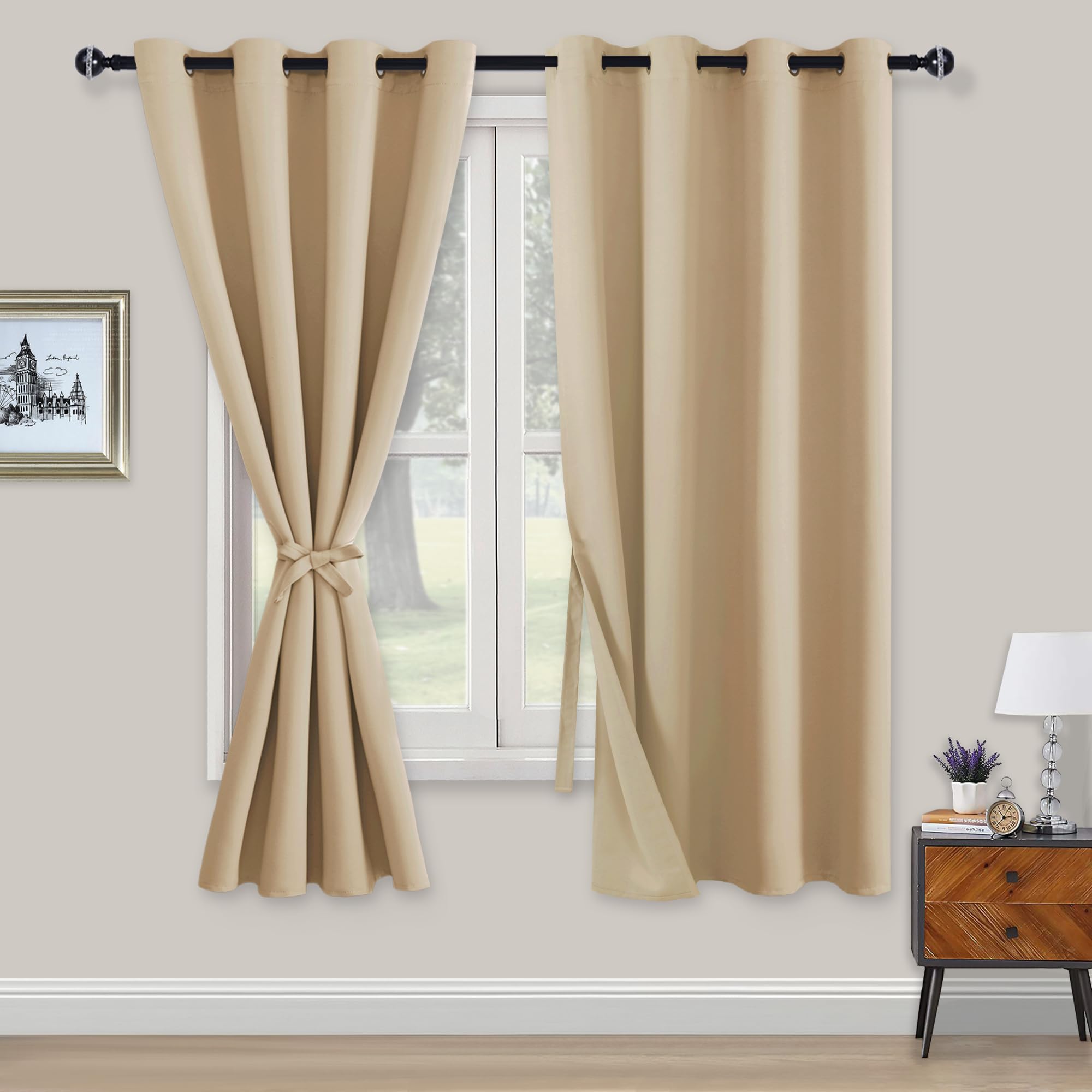 XWZO Blickdichte Vorhänge Verdunklungsvorhänge mit Ösen 2 Stücke Gardienen mit Raffhalter Lichtundurchlässige Vorhänge für Schlafzimmer,WonhzimmerBüro, 175x140 cm, Beige