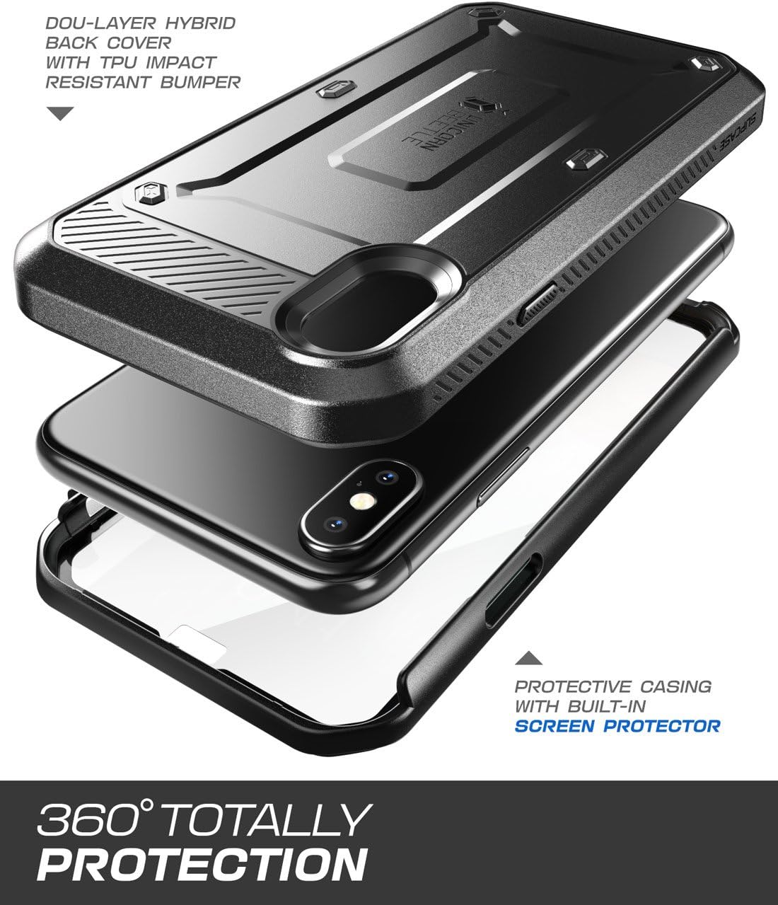 SUPCASE Unicorn Beetle Pro Series Case Designed Designed for iPhone X, with Built-In Screen Protector Full-body Rugged Holster Case for Apple iPhone X / iPhone 10 (2017 Release) (Black)