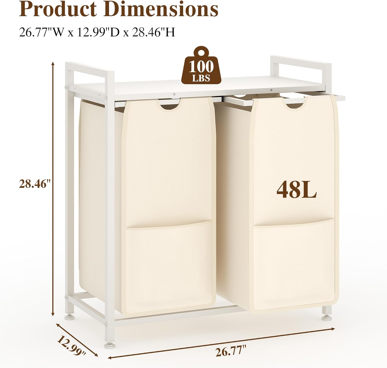 Laundry Sorter, Freestanding White Hamper Basket, 2 Section Organizers and Storage, Pull-Out Fabric Bags, 100lb Capacity MDF Shelf, Metal Frame, 48L Bags, 26.8x13x28.5 Inch