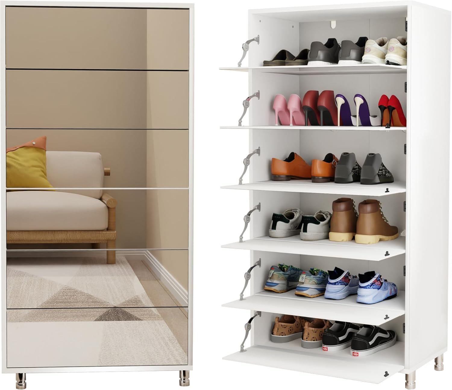 CuisinSmart Mirror Shoe Cabinet with 6 Flip Drawers, Mirror Shoe Rack Organizer Store Ample Shoes, Freestanding Shoe Storage with 4 Metal Legs, Door Opening Using Hand-Touch Flip-Out Door