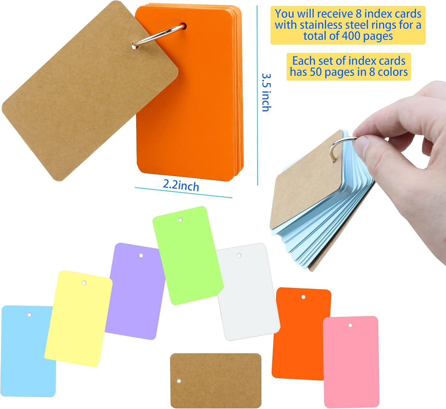 MotBach 400PCS Colored Blank Flash Card Index Cards with Binding Rings,8 Color Easy Flip Flash Card Study Note Card Perfect for Bookmark School Learning Memory Recipe Cards Game Cards(3.5 x2.2 Inch)