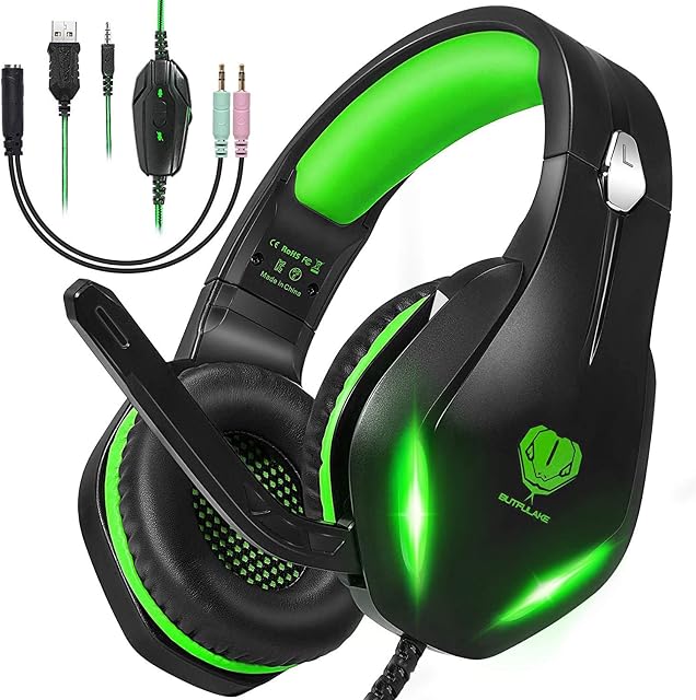 Stereo Gaming Headset with Microphone for PS5 PS4,Nintendo Switch,Xbox One,Laptops,PC,Phones, Noise Cancelling Over Ear Headphone with Mic & LED Light, 50mm Drivers, 3.5mm Audio Jacks (Black Green)
