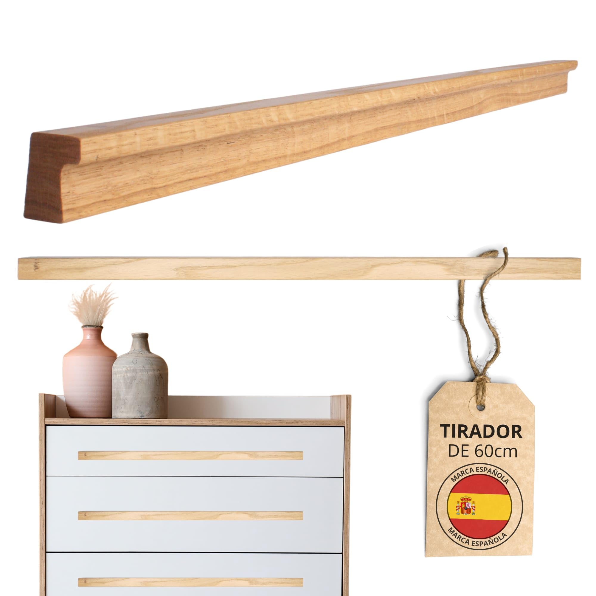 TIRAWOODbyTWR ® Pomos y Tiradores de Madera para Armarios y Muebles - Tiradores Cocina y Dormitorio - Roble Barnizado con Tornillos Incluidos. MEDIDAS 200-1100 MM (600 MM(PACK4))