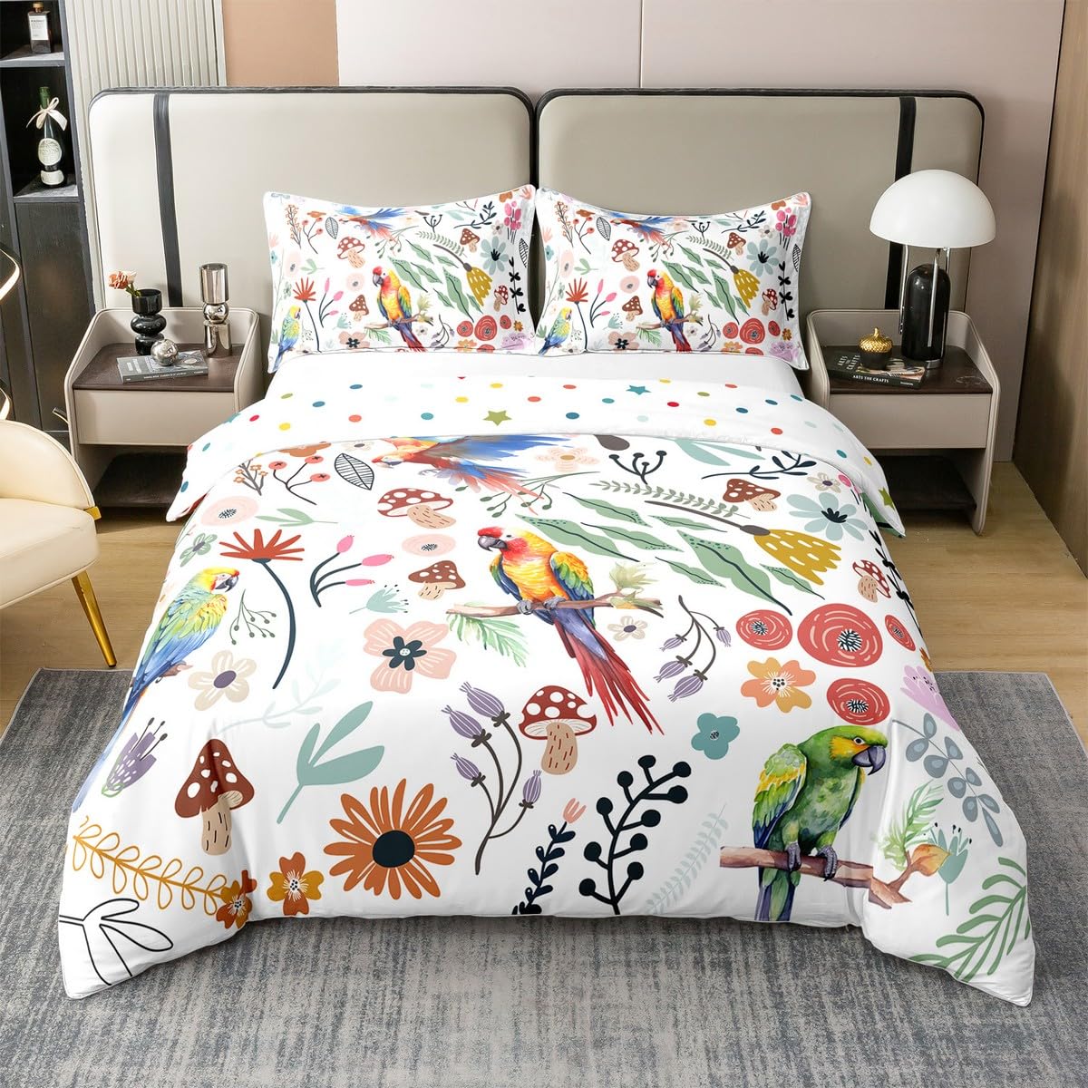 Bunte Papagei 100% Baumwolle Bettbezug für Kinder,Aquarell Wald Tier Tröster Bezug,Natürliche Blumen Pilz Bettwäsche Set,Wild Pilz Bettwäsche Abdeckung mit 1 Kissenbezug 135x200