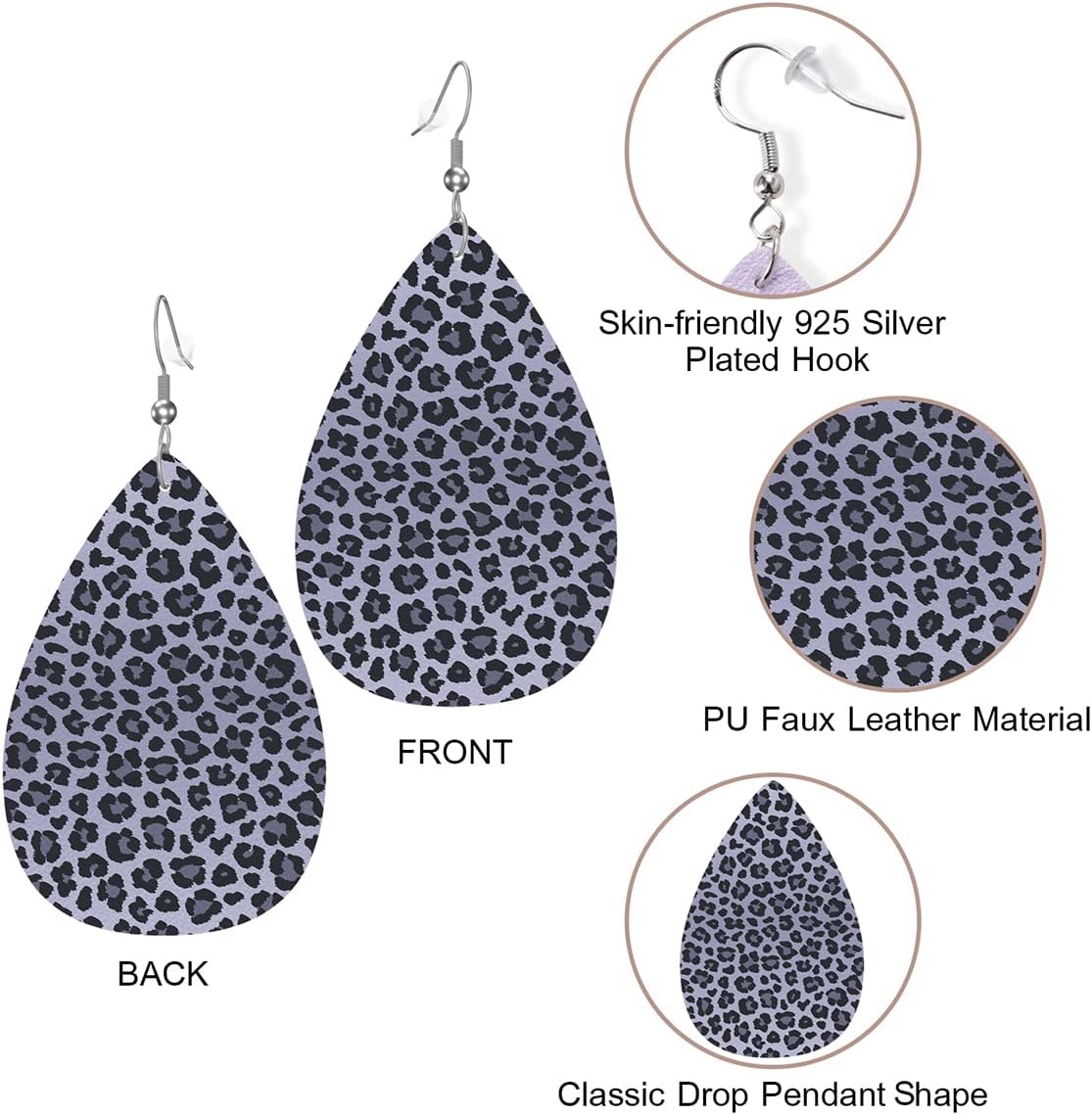 Zokola Leopard Print Drop Dangle Earrings, Dark Gray Spots Leopard Skin Print Earrings Charm Jewelry For Womens Friends, Lightweight Faux Leather Drop Dangle Earrings Set - Image 2