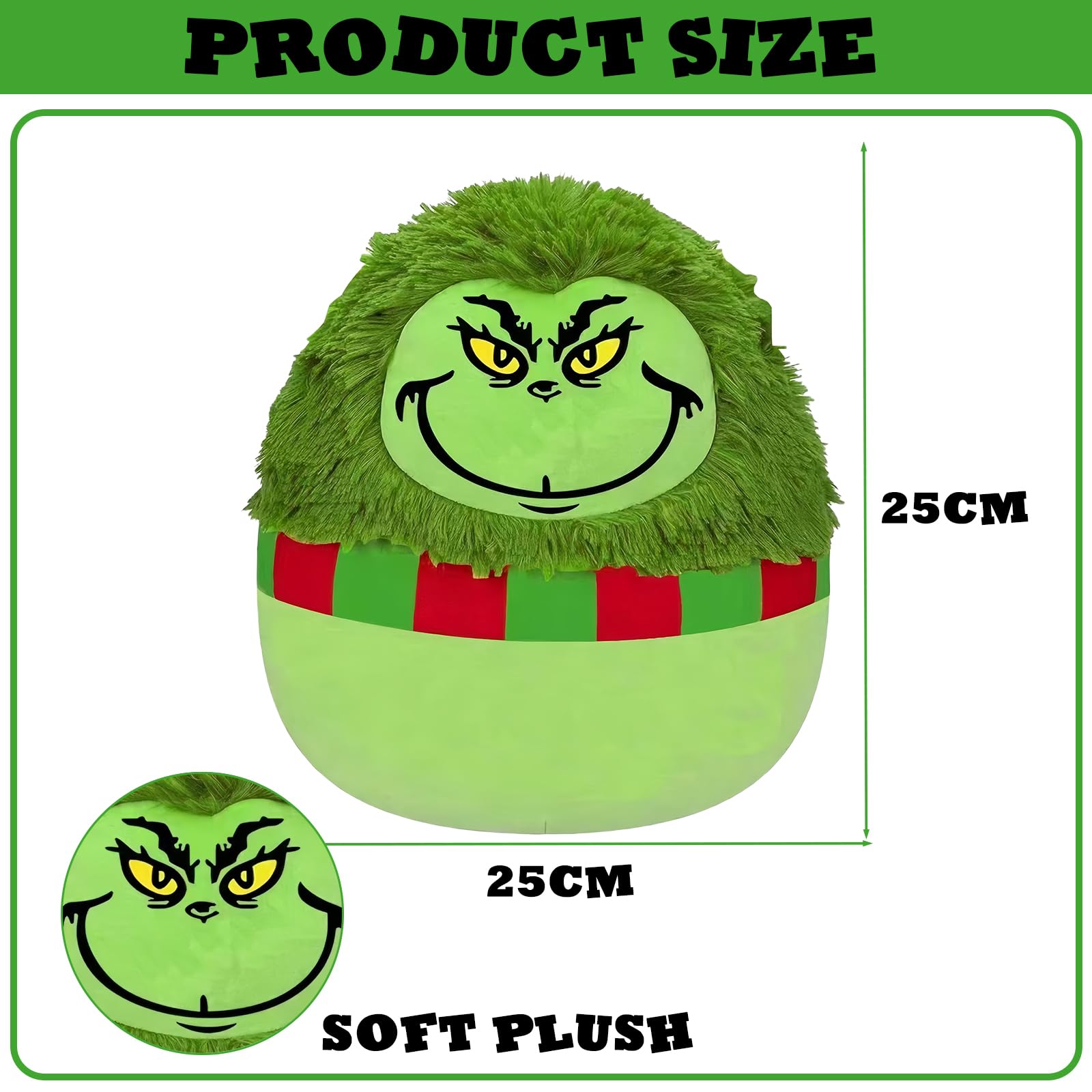 9.8" Cute Christmas Grinch Soft Plush Toy,Xmas Grinch Plush Pillow Toy,Squishy Cotton Plushies Doll,Kawaii Plush Stuffed Animal Toys,Gift for Kids Baby Tollders Boys Girls Christmas,Home Decorations - Image 2