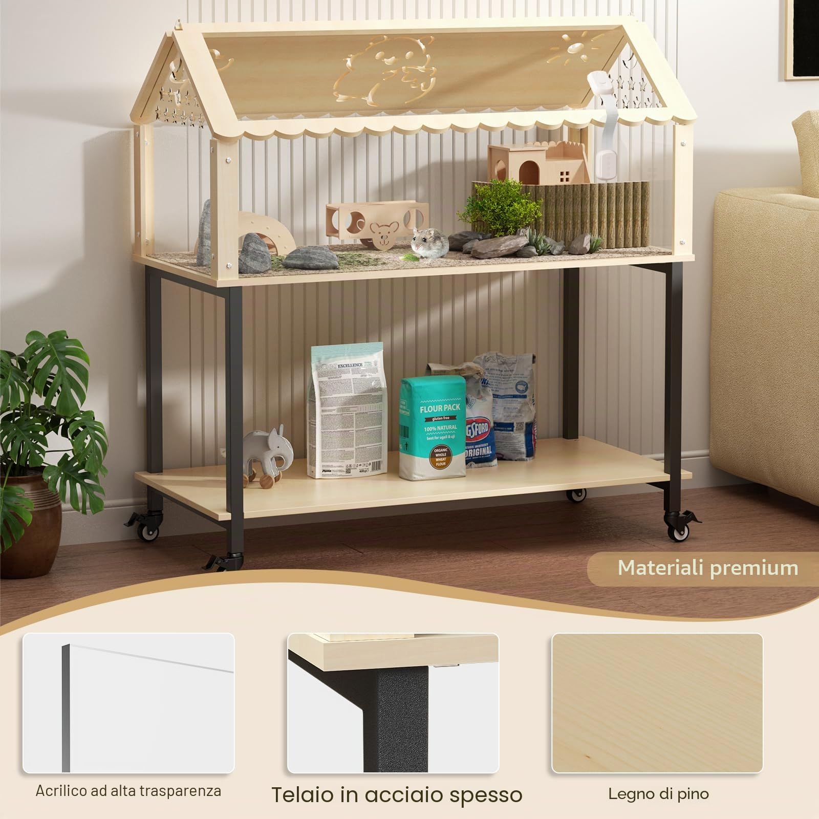 Gabbia per criceti in legno, gabbia per roditori a 2 piani, gabbia per piccoli animali con coperchio pieghevole, con ponti ad arco, tunnel e casette da gioco, per porcellini d'India, criceti
