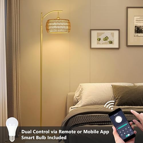Miniatura 4 de Arc Floor Lamp with 3 Color Temperatures, LED Gold Floor Lamp with Remote & Stepless Dimmable Bulb, Boho Standing Lamp with Rattan & Fabric Shades