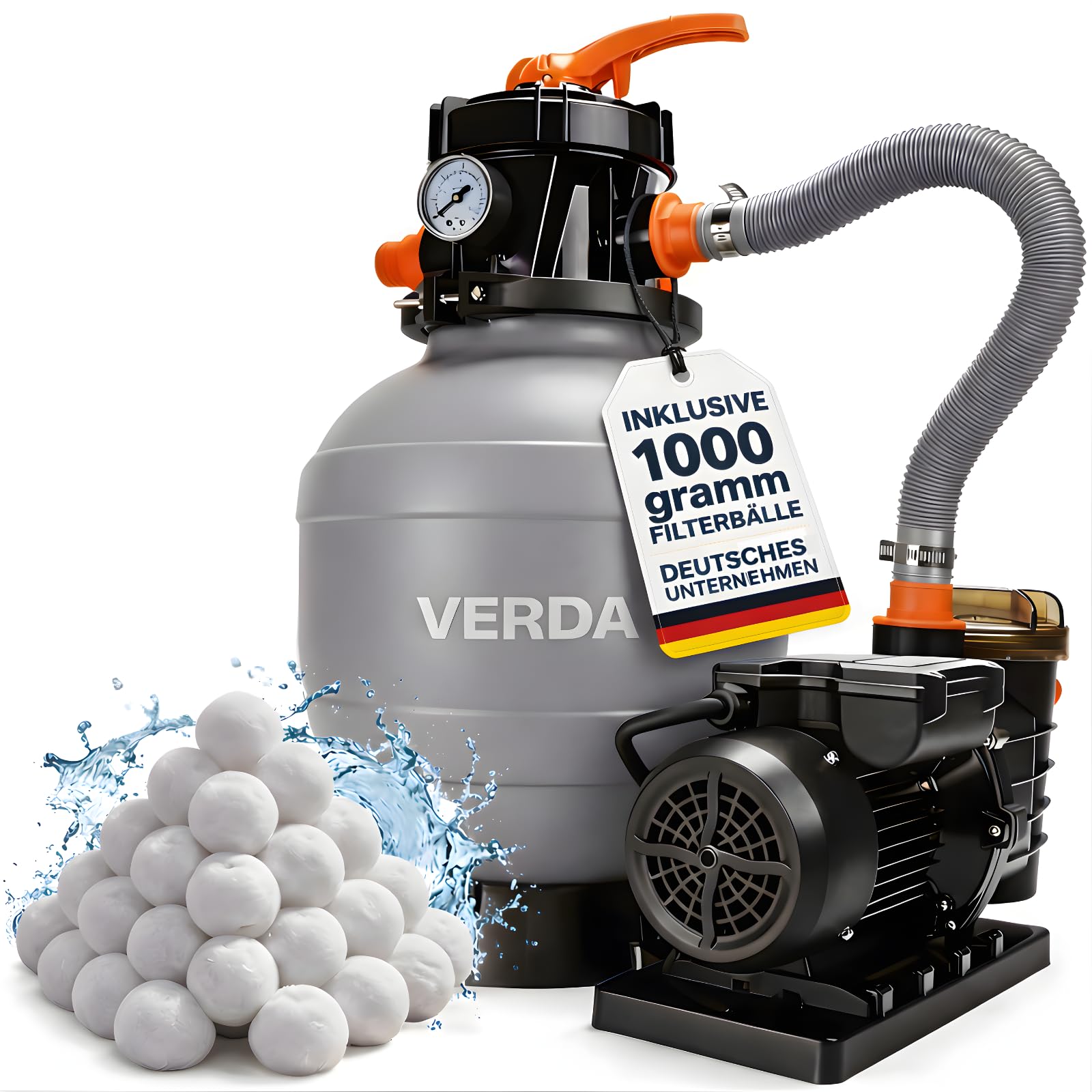 VERDA Depuradora de arena para piscinas de hasta 50.000 l, 13.200 l/h, 550 W, bomba con filtro de arena y 1000 g de bolas filtrantes, altura de elevación de 10 m, conexión de 38 mm, SN5883