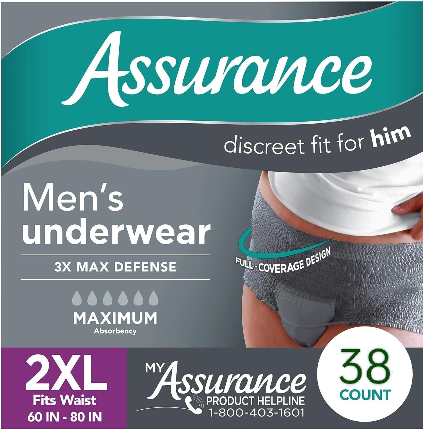 Assurance Men's Incontinence Underwear, Maximum Absorbency, XXL, 38 Count