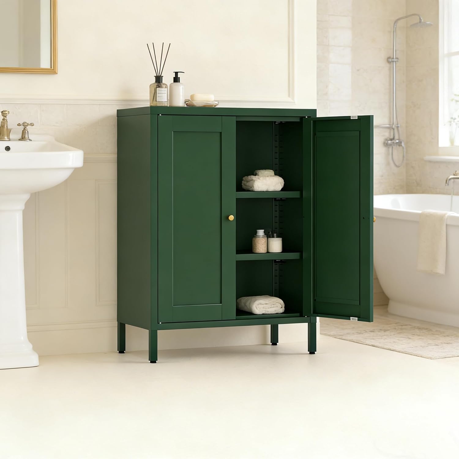 Bathroom Floor Storage Cabinet, Freestanding Accent Cabinets with 4 Doors and 2 Adjustable Shelves,Blue Metal Locker Cabinets for Restroom, Kitchen,Living Room,Hallway