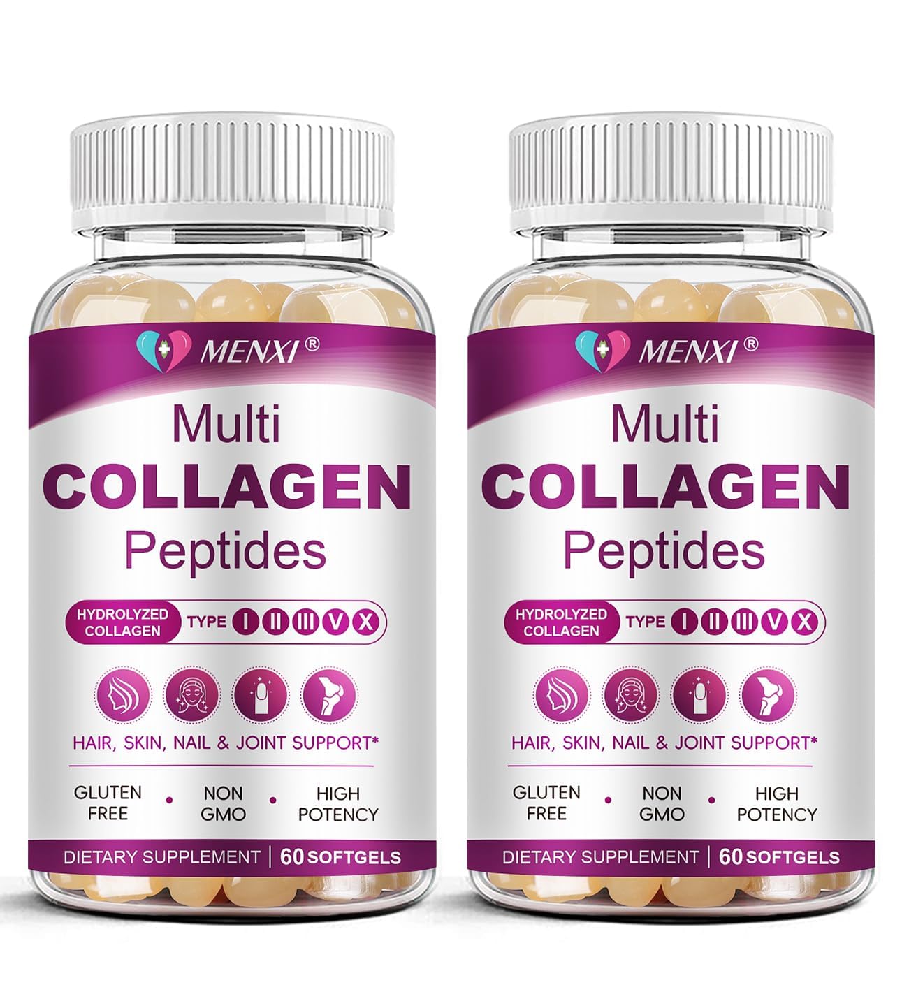Multi Collagen Peptides Softgel for Women & Men - Type I II III V X, 120 CT 60 Count (Pack of 2)