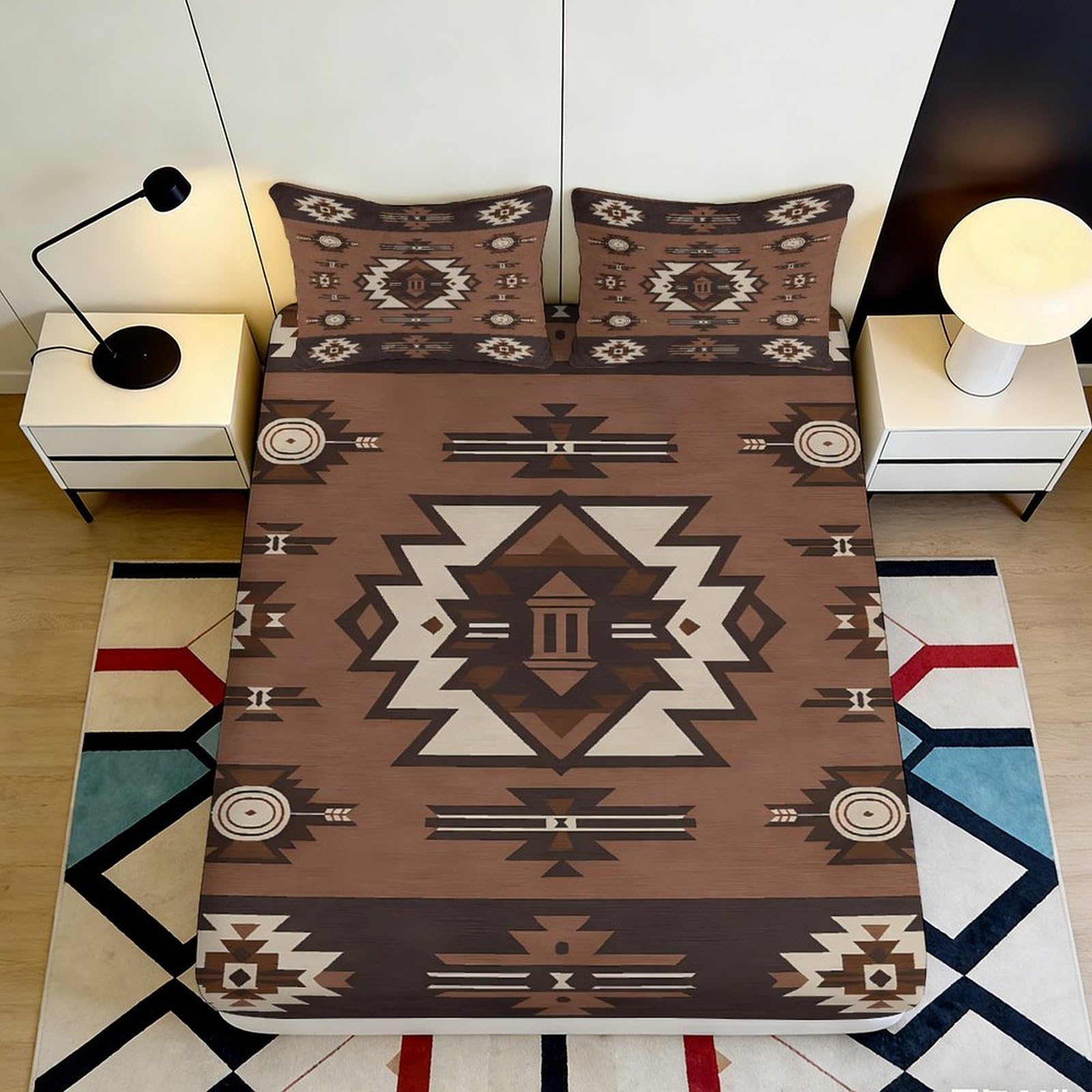 3D Printed Tribal Geometric Fitted Sheet Microfiber Brown Aztec Pattern Mattress Cover for Home Bedroom Decor 90x200x25cm