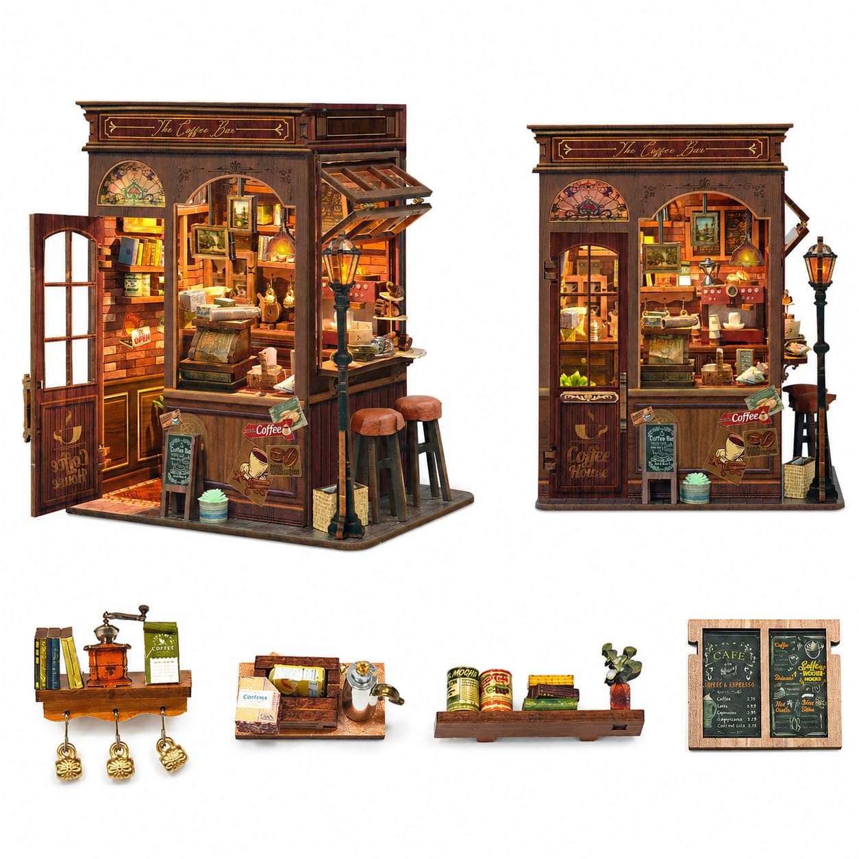 Spilay Morning Mist Cafe Miniature House Kit for Adults, DIY Dollhouse Kit with LED Light, 3D Wooden Puzzle Craft Kit, Vintage Coffee Shop Model for Desk Bookshelf Decor, Creative Gift for Teens Adult