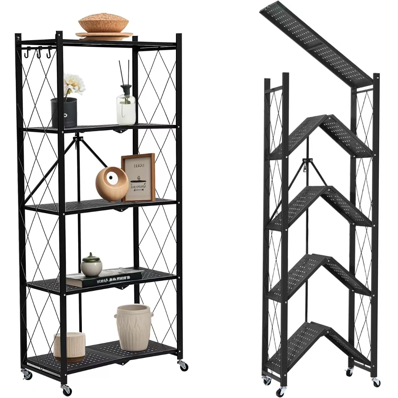 5 Tier Storage Shelves, Metal Collapsible Shelving Unit with Wheels, Heavy Duty Folding Garage Shelf, No Assembly Closet Shelves Organizer, Kitchen, Basement Storage Shelf-image-33