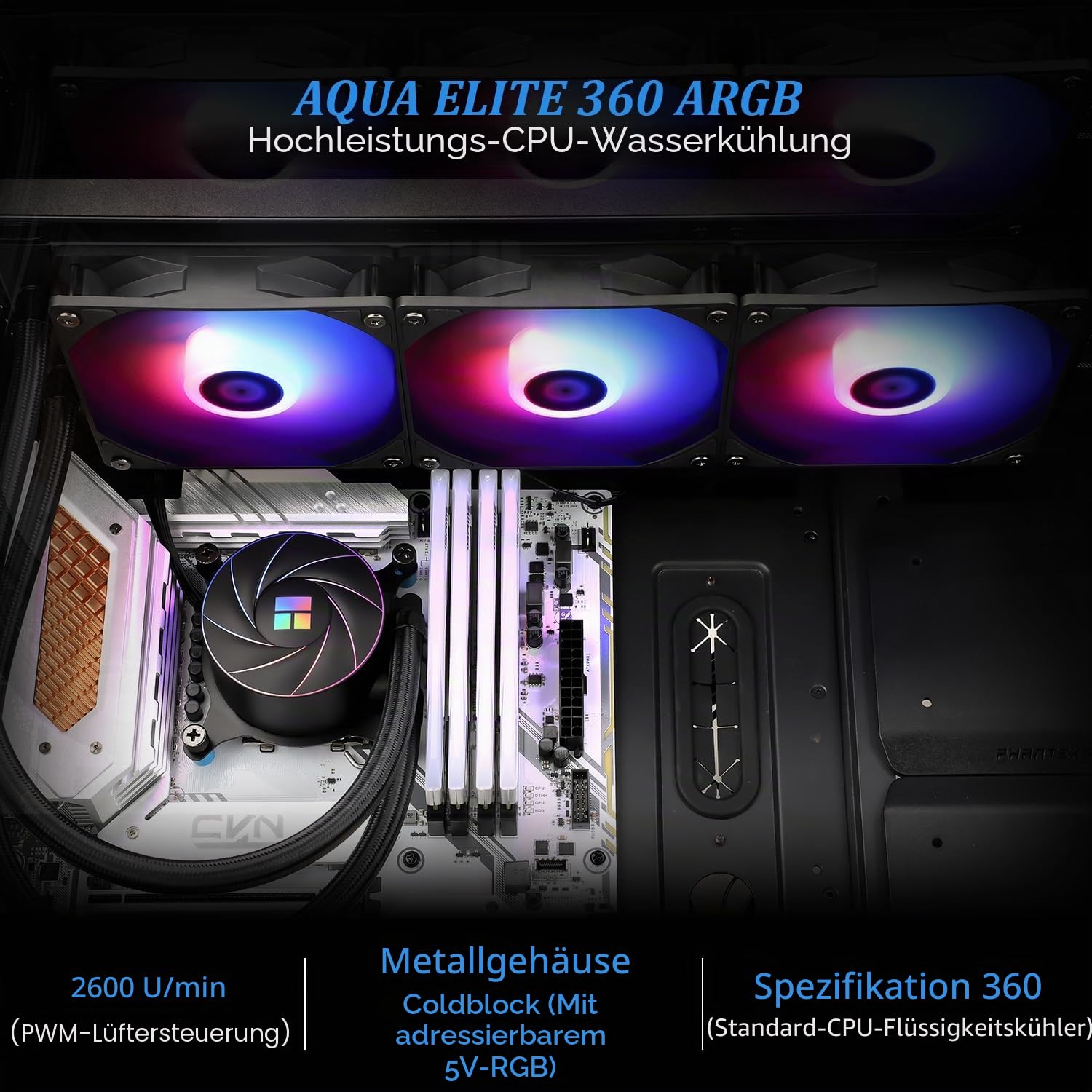 TR AQUA Elite 360 ARGB CPU Wasserkühler mit 3 PWM Lüftern, 1550RPM Geschwindigkeit, für AMD/AM4/AM5 & Intel LGA1150/1151/1155/1156/1200/1851/1700 (AE360)