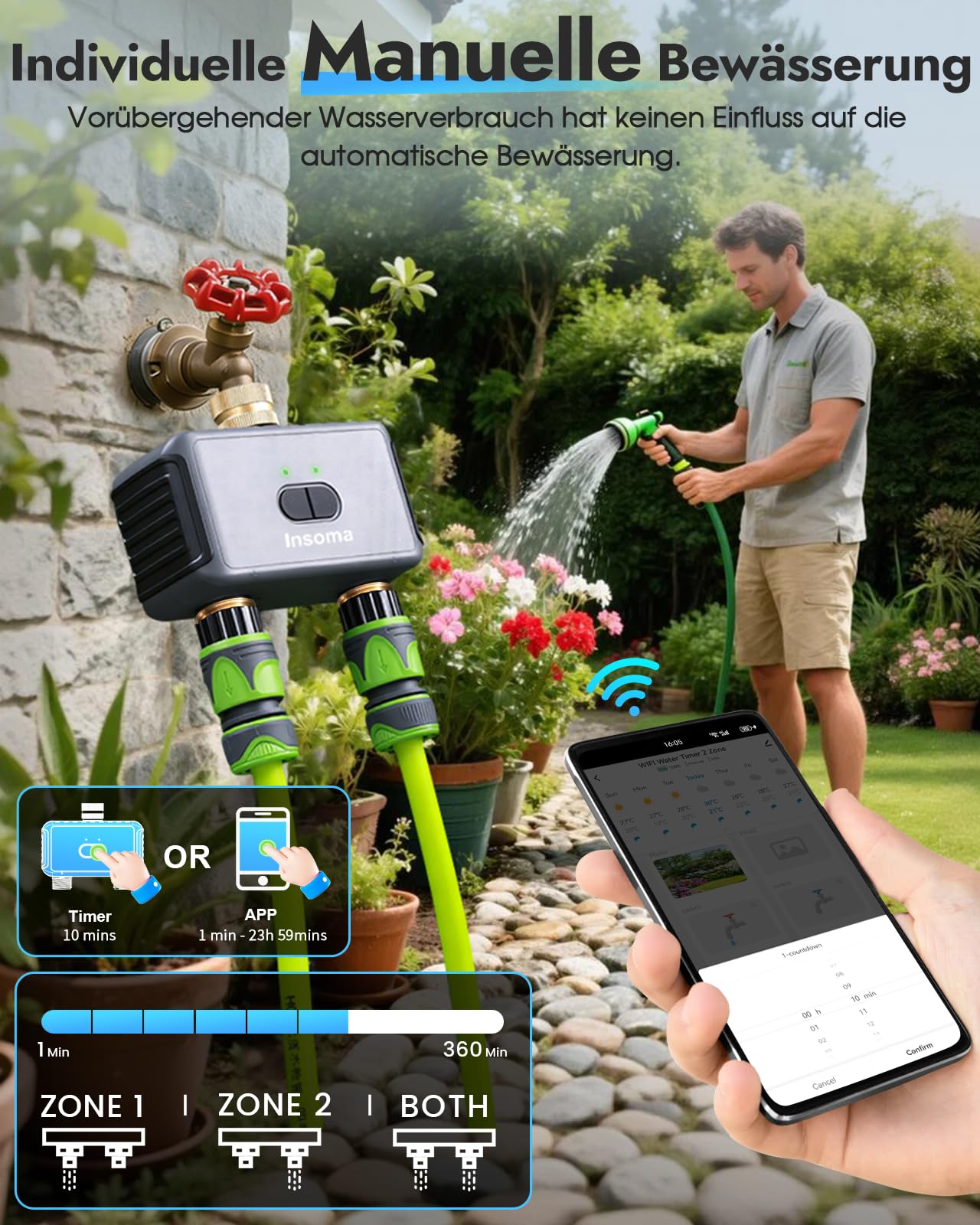 WLAN Bewässerungscomputer 2-Zonen, Messing EIN/Auslass, App/Sprachsteuerung | Kein Gateway nötig, 2,4 GHz WLAN, 20 individuelle Bewässerungspläne, einfache Einrichtung per App, ideal für Garten & Rasen