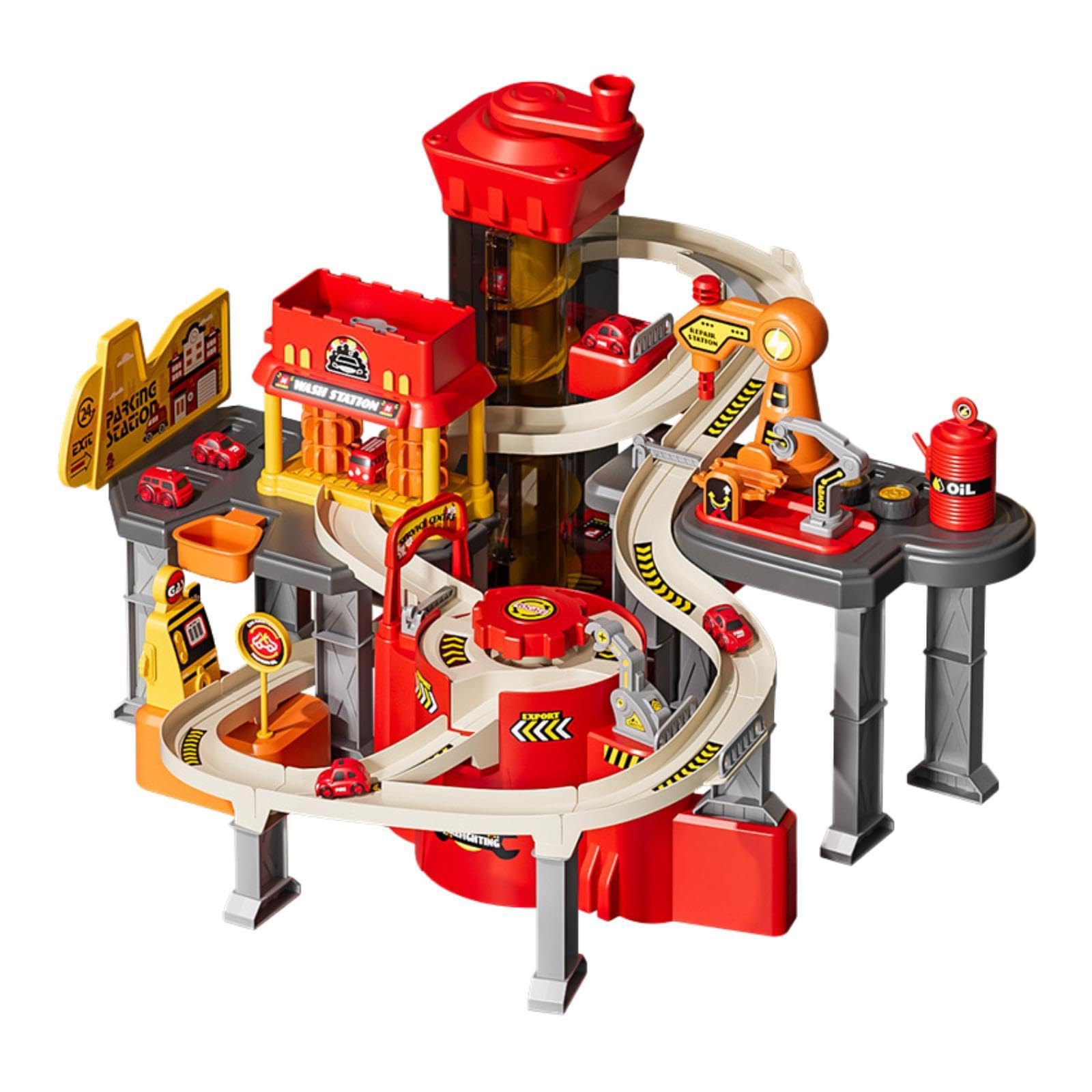 Playset Parcheggio Garage, Pista da Assemblaggio, Macchinina da Corsa, Giocattolo Pista da Corsa per Bambini dai 3 Ai 6 Anni, Tema Antincendio