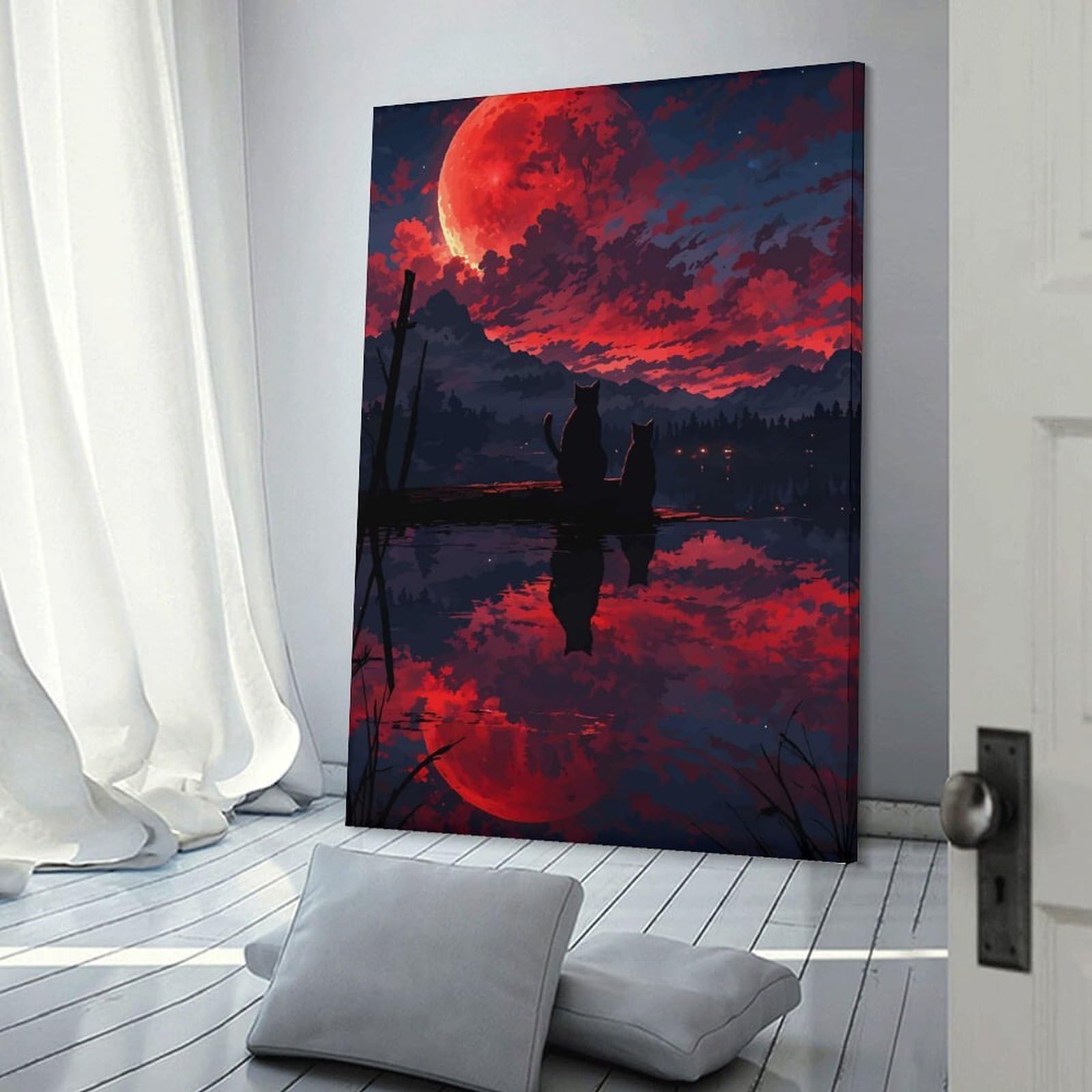 Junmoney Canvas Wall Picture Cats Under A Blood Moon, 24x36inch(60x90cm), for Restful Interiors, Bedrooms Or Small Rooms, Home Artwork with A Soft Interior Feel
