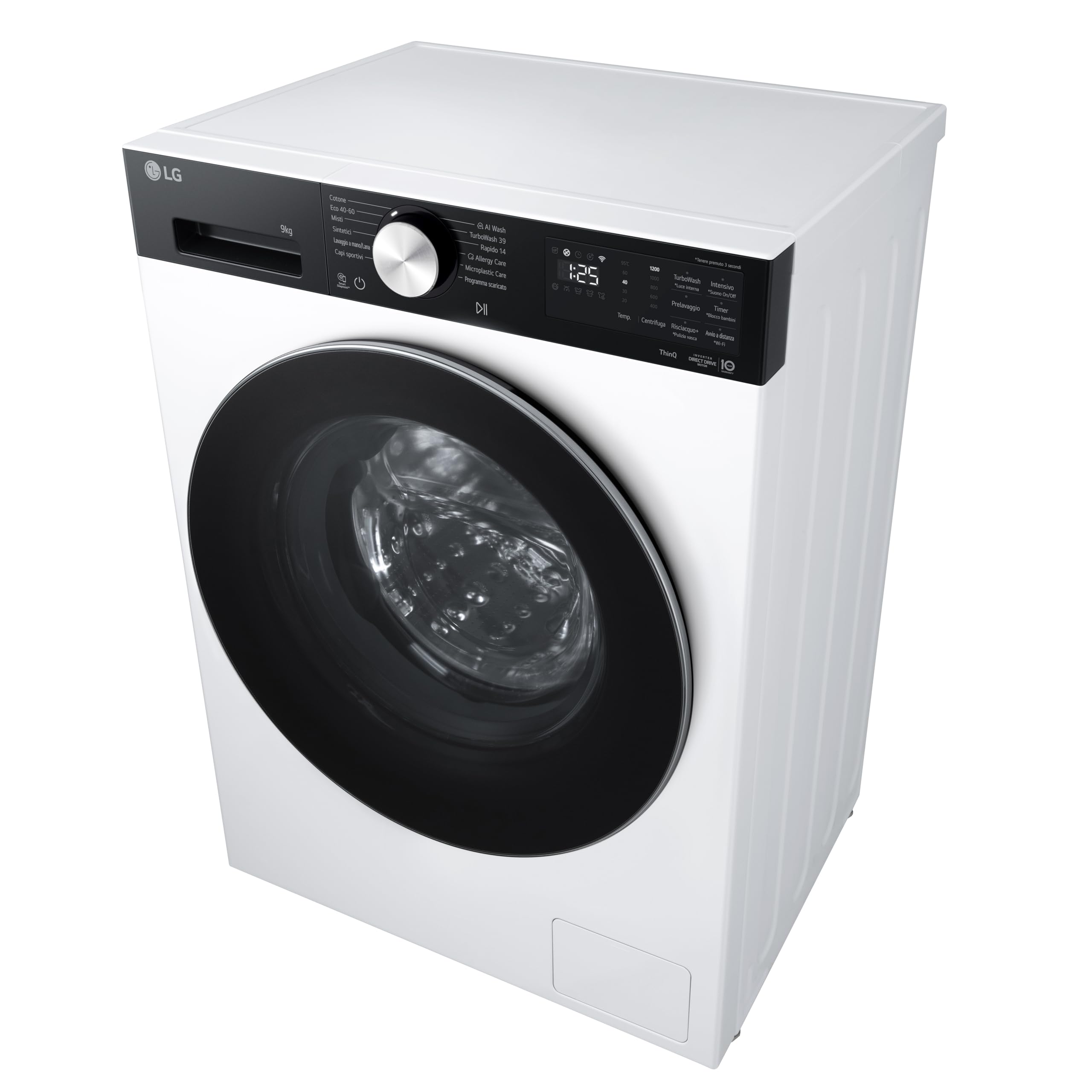 LG F2NX50S9TKC Lavatrice Slim 9 kg Next AI DD, Classe A -30%, 1200 Giri, Programma AI Wash con Intelligenza Artificiale, Wi-Fi, Allergy Care, TurboWash 360, Serie X5, White Black Pannel e Silver Knob