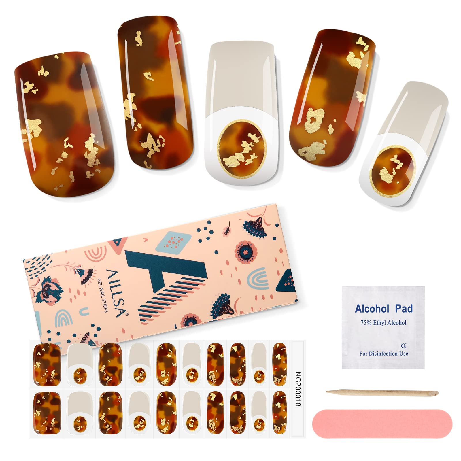 AILLSA Semi Cured Gel Nail Strips, Brown Camo Gel Nail Strips, Gel Nail Stickers Full Nail Wraps, Long Lasting,Safe & Easy to Use, Gel Nail Polish Strips for Women 20pcs