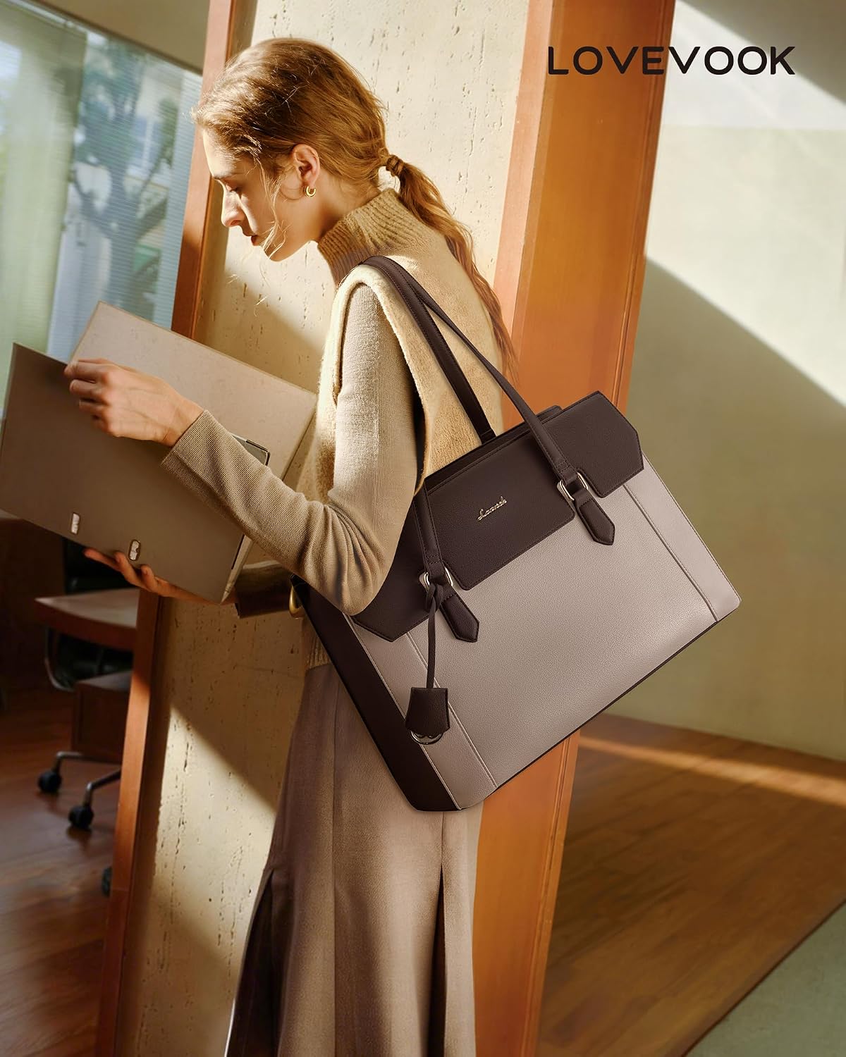 LOVEVOOK Laptop Tote Bag for Women,Computer Work Bag With Large Cup Holder,15.6 Inch Waterproof PU Leather Purse Briefcase for Teacher