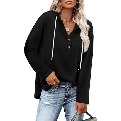 RUMIA Womens Tops V Neck Button Sweatshirt for Women Pullover Long Sleeve Shirts Fall Outfits 2025 Loose Fit S-3XL