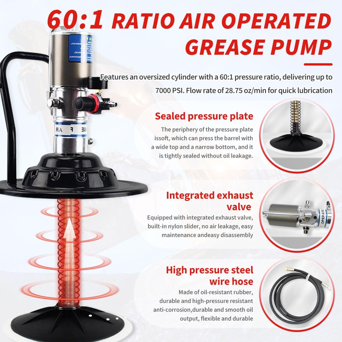 60:1 Air-Operated Grease Pump for 5 Gallon Bucket, 7000 PSI, 28.75 oz/min, Universal Fit, Automatic Operation, Vehicle Compatible