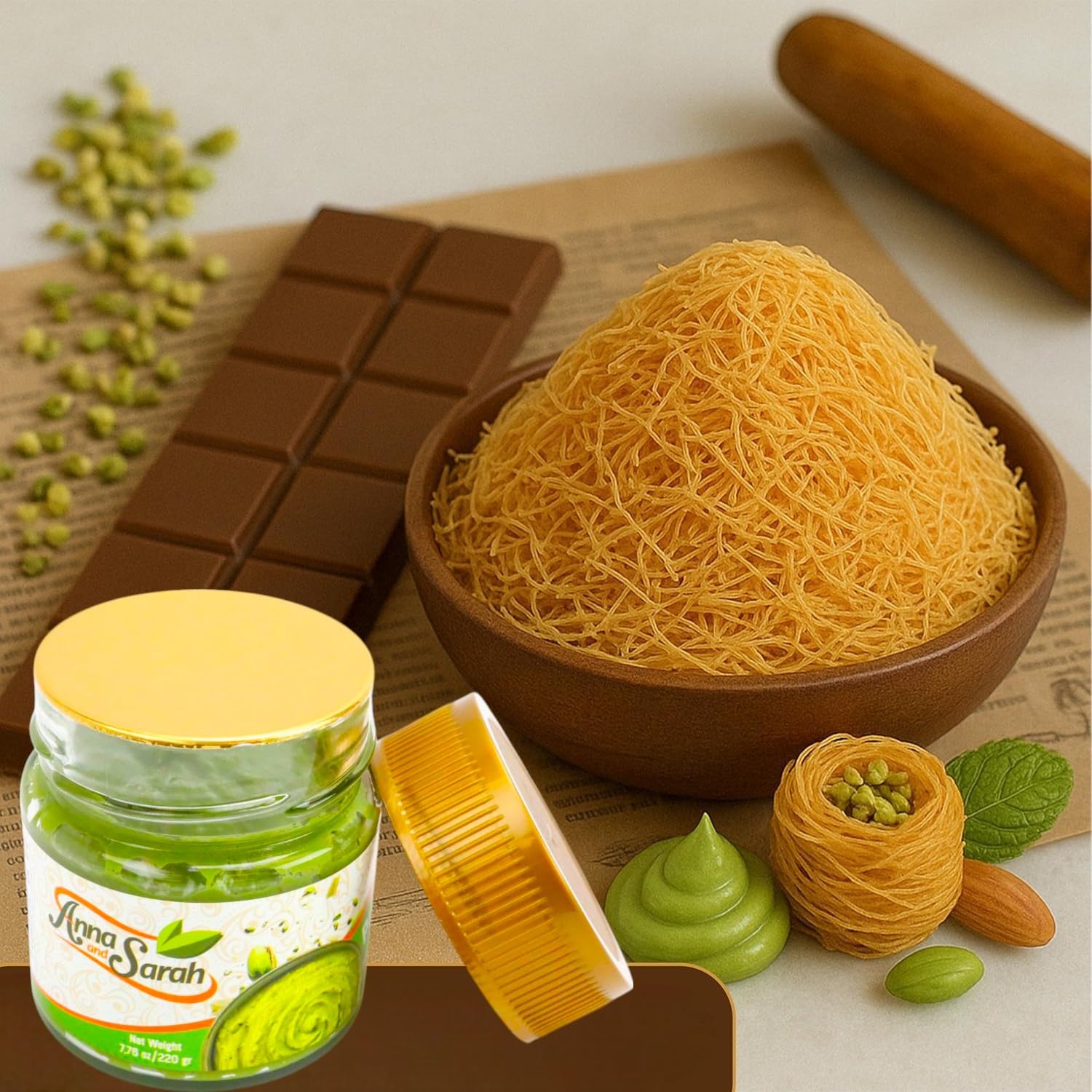 Pistachio Butter Spreadable Cream with Kataifi (Kadayif) Set 7.75 oz (220 gr), 9 PACK, Ready for Filling, in Glass Jar, Rich & Nutty Cream Spread for Dubai Chocolate Bars, Halal