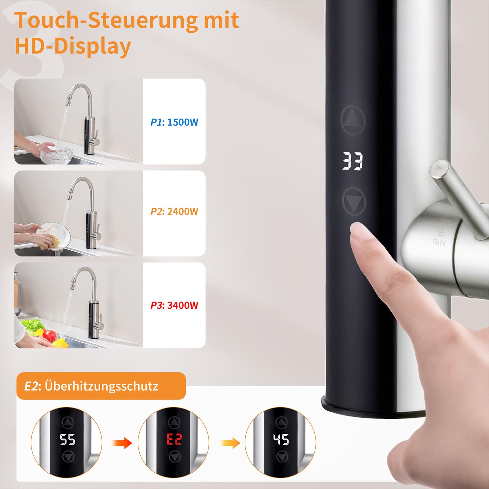 HOMELODY Elektrischer Wasserhahn mit Durchlauferhitzer 230V, Wasserhahn Küche mit Touch-Temperaturregler & LED-Display, Anti-Spritz Edelstahl Küchenarmatur, Durchlauferhitzer Küche, Garten & Camping
