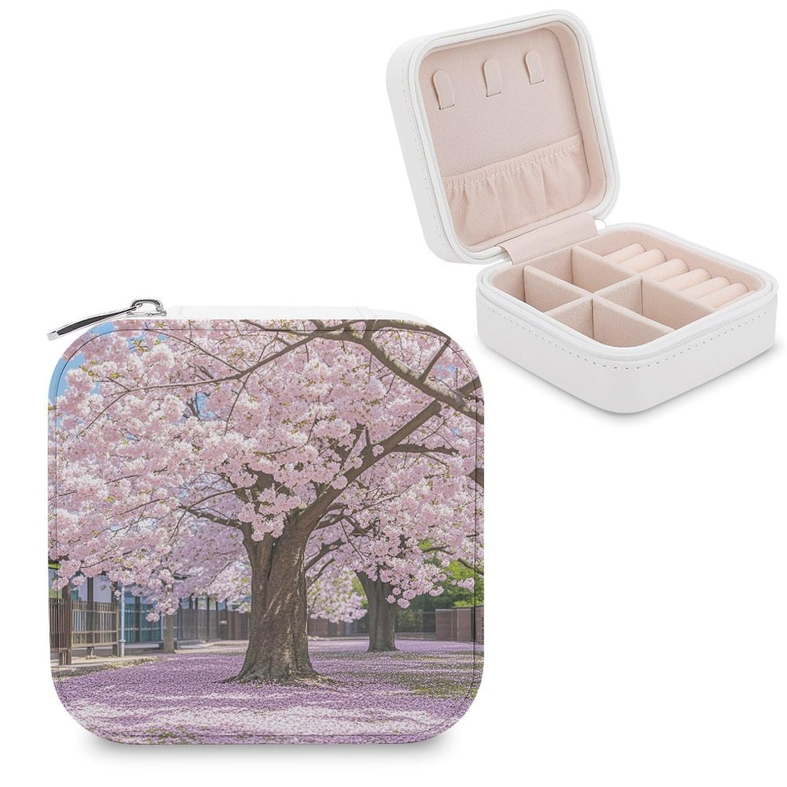 FekiLoot Cherry Blossom Travel Jewelry Box Small Jewelry Organizer Storage Case Portable PU Leather Mini Jewellry Travel Case Necklace Ring Storage Organizer Gift for Women
