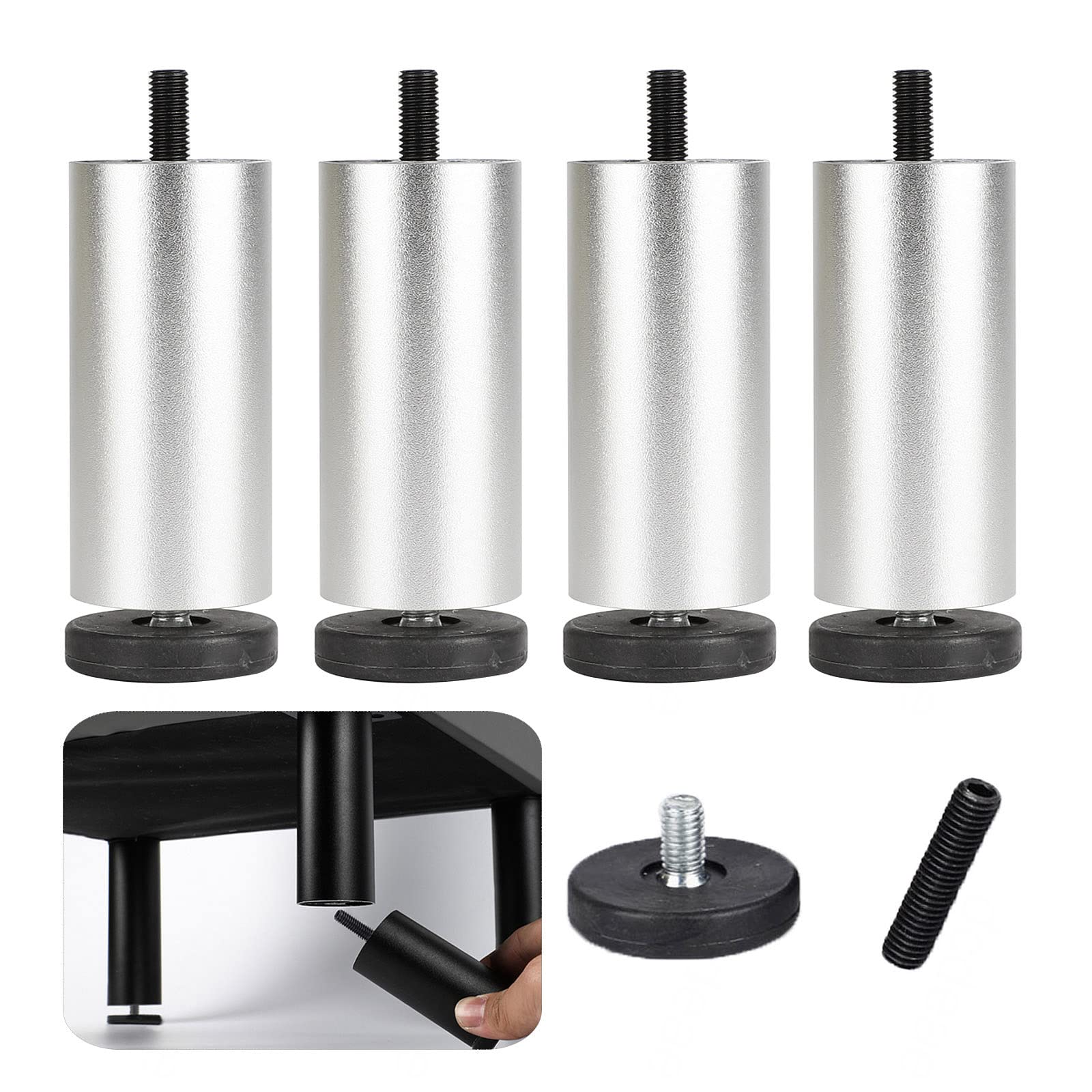 Kgudys Silver Metal Sofa Legs, Aluminum Alloy Furniture Legs, 4-Pcs Cylindrical Support Legs, 6/10/15/20/25/30Cm Thickened Replacement Furniture Legs Armchair Cabinet Feet, M8 Bolts,-15Cm/5.9In