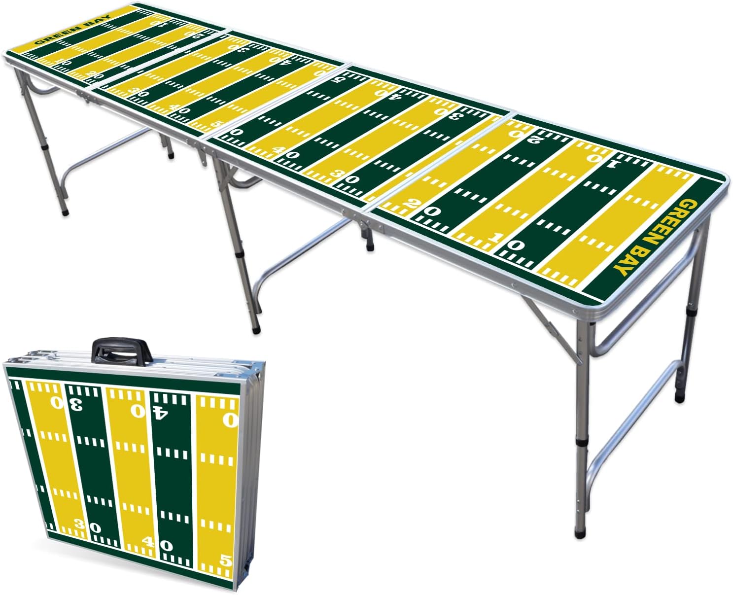 8-Foot Folding Portable Pong Table w/Optional Cup Holes & LED Lights - Green Bay Football Field (Choose Your Model)