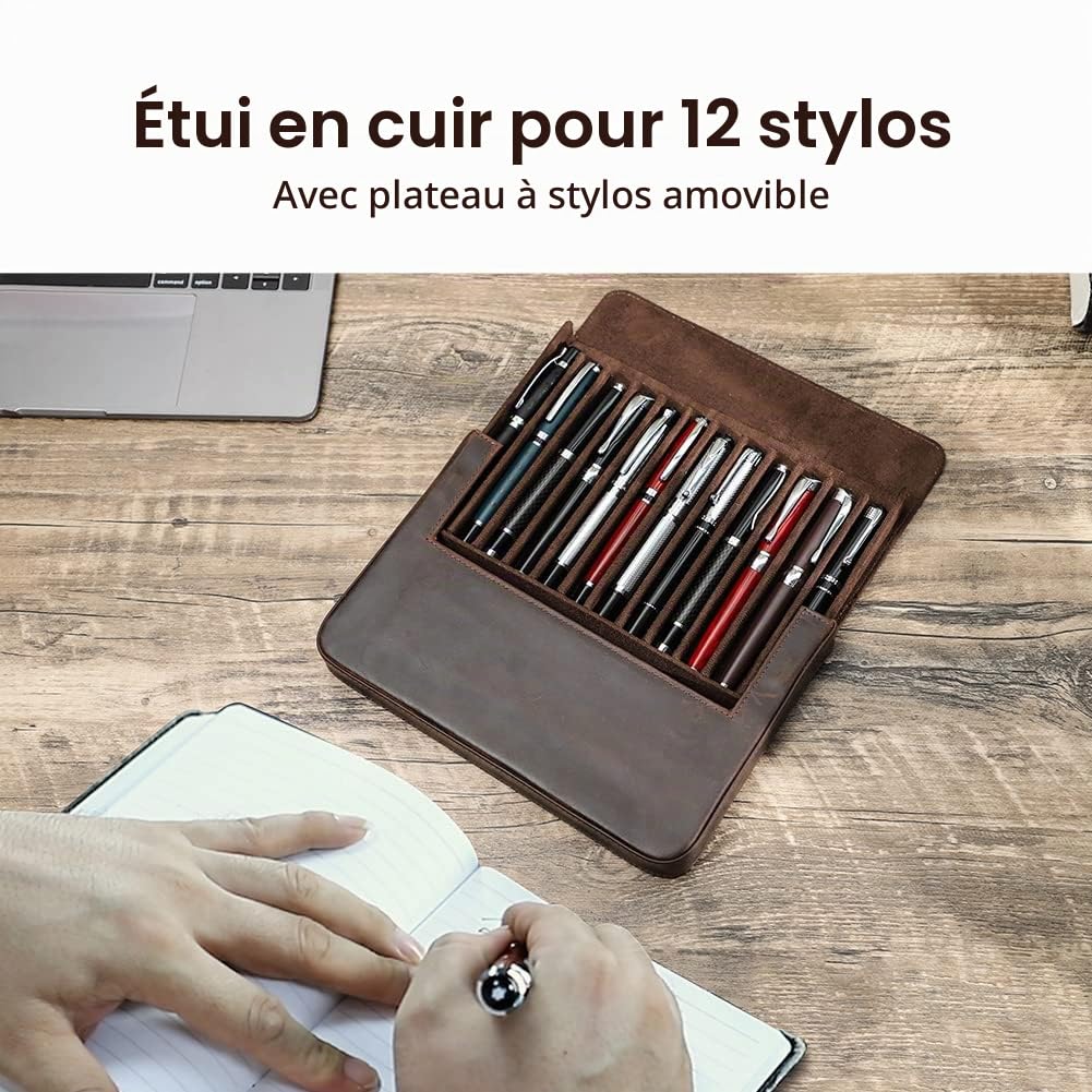 Contacts Étui à crayons en cuir véritable, étui de protection vintage pour voyage, accessoire de bureau élégant, boîte de rangement pour crayons, Café 1-12, Trousse de beauté, CF9050