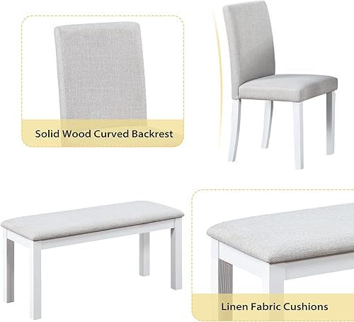 Miniatura 5 de Juego de mesa de comedor de madera maciza de 6 piezas, incluye 1 mesa de comedor, 4 sillas tapizadas y 1 banco, juego de mesa de comedor con patas