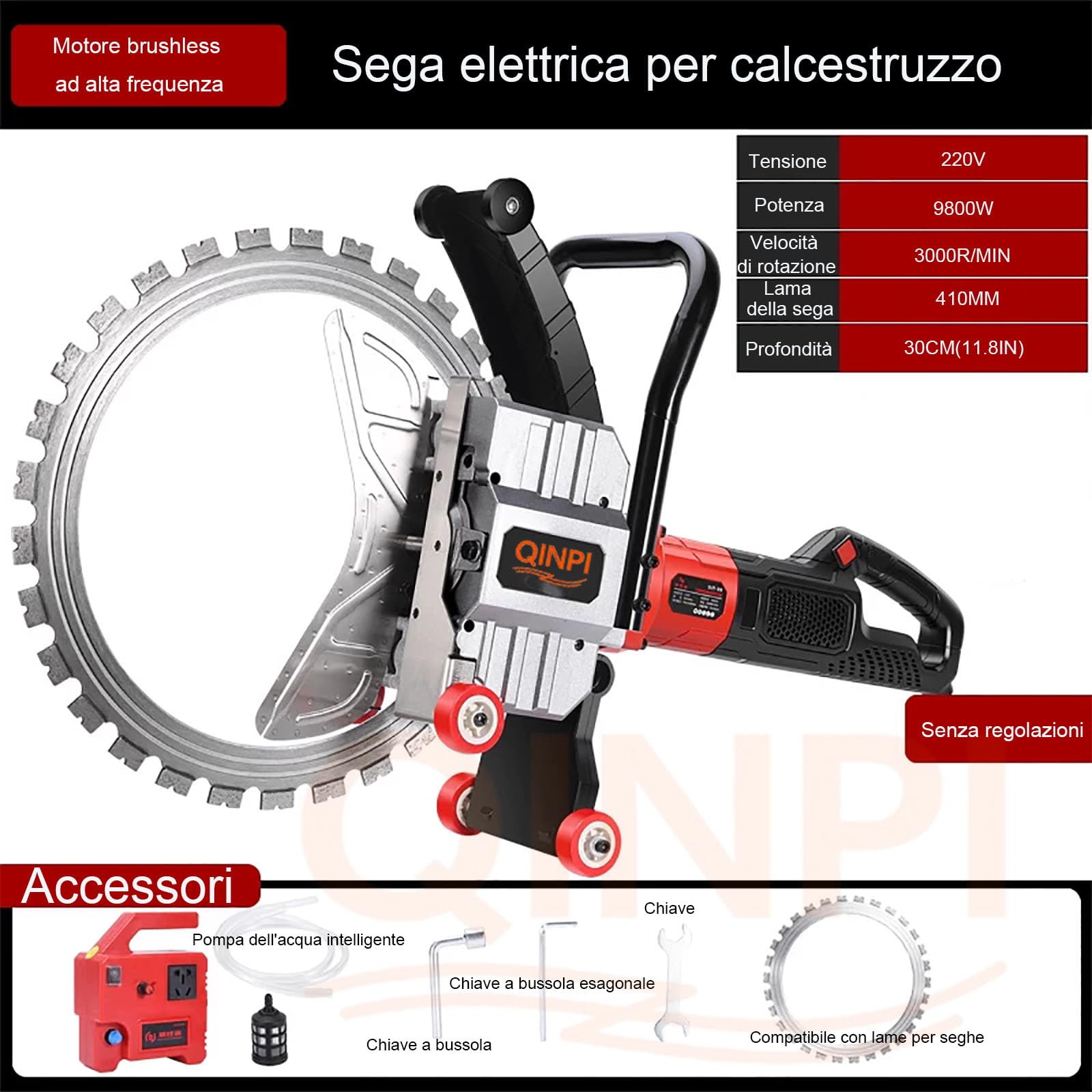 Sega elettrica per calcestruzzo 9800 W, profondità di Taglio 11,8 pollici, Con pompa dell'acqua con collegamento intelligente, taglio senza polvere, per Tagliare calcestruzzo, Pietra, Mattoni, legna