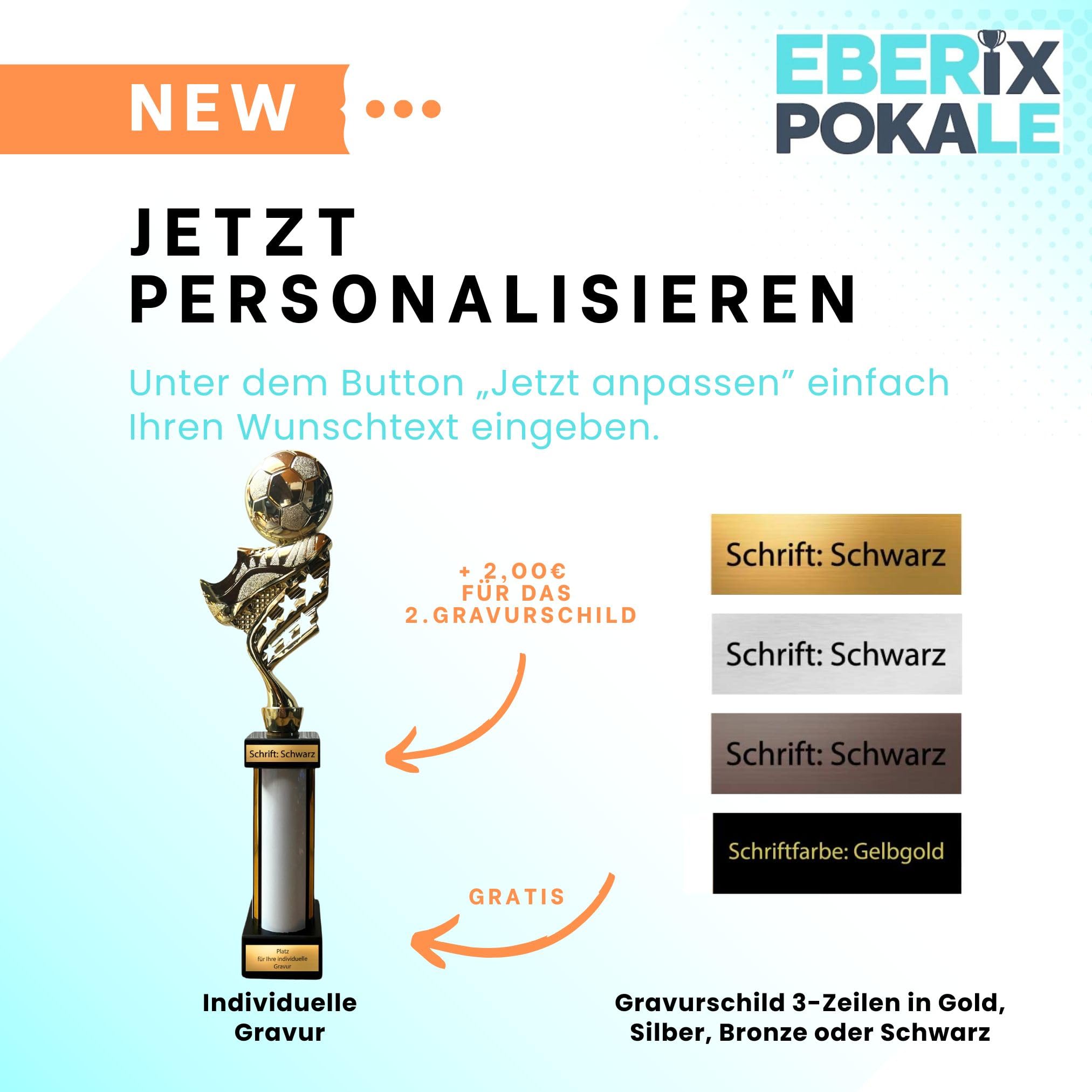 eberix · Fußball Pokal · mit Wunschgravur · Trophäe mit weißer Glanzsäule inkl. Gravur · Siegerpokal für Fußballturnier, Vereinsmeisterschaft, Jugendfußball · personalisierbar ·