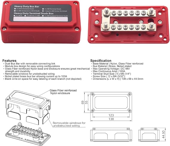 Bus Bar 12V-48V 100A, Heavy Duty 4X 1/4 Posts and 12x 5/32 Screws Busbars | 12 V 24V DC Battery Busbars Power Distribution Blocks, Double Rows Terminals Buss Bars 100 Amp with Cover, Red&Black 2 Pack
