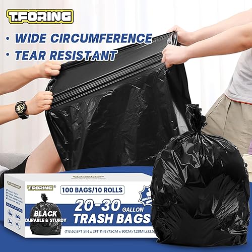 Miniatura 4 de T.FORING Bolsas de basura negras de 20 a 30 galones, 100 bolsas de basura grandes de más de 20 galones de 1.28 mil, resistentes, sin perfume, para