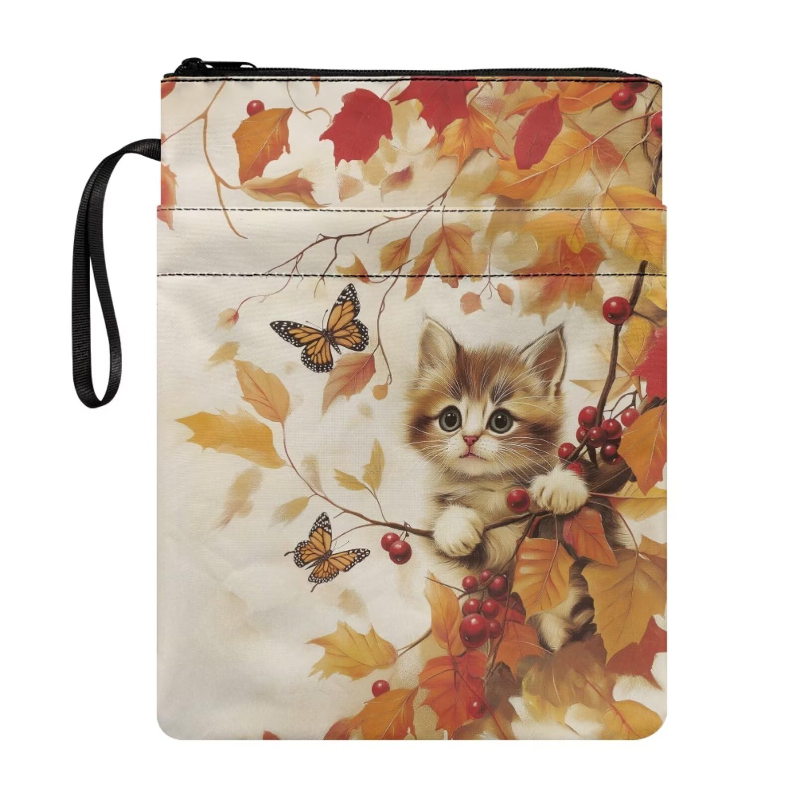 Poceacles Cat Butterfly Autumn Leaves Book Sleeve with Pocket Zippered Paperbacks Pouch Cover, Textbook Bible Protector for Book Lovers Readers Friends โ image 1