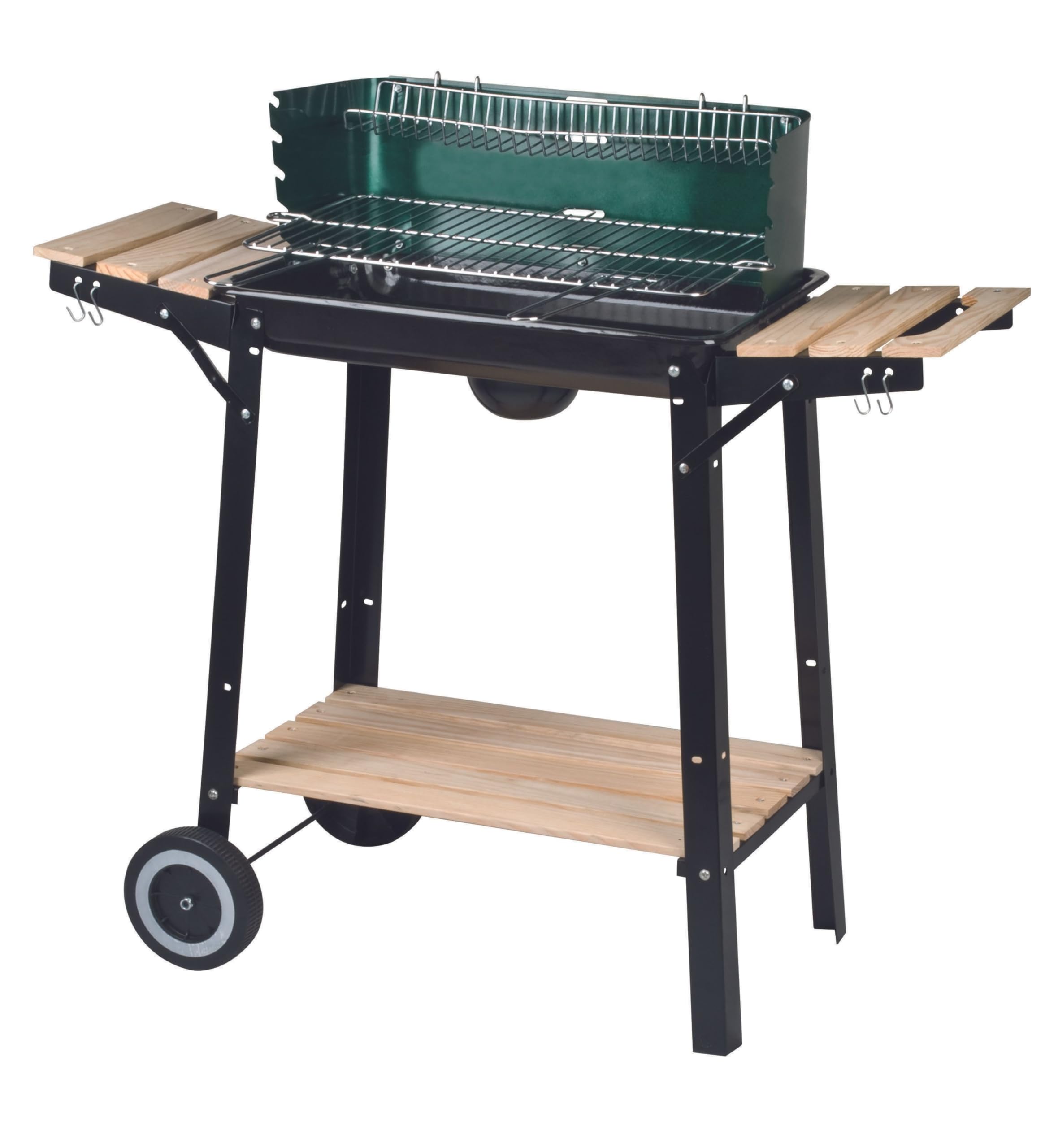 Aro Holzkohle GrillwagenGrün, Stahl/Holz, 2 Grillroste und 2 Seitenablagen, Holzgriffe, mit 2 Räder und Windschutz, perf