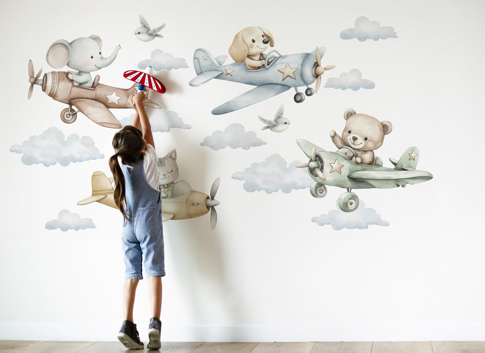 Sticker mural motif avions, montgolfières I étoiles nuages animaux images d'enfants garçon fille autocollant Osomhome (animaux en avion, XL)