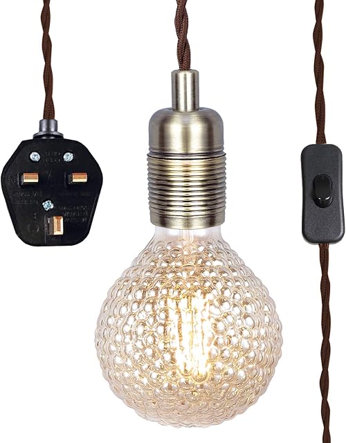 Antique Brass Pendant Light Fitting with Plug-in, Vintage Style Hanging Light KIT E27 Lamp Holder, 4500MM Braided Twisted Cable with On/of Switch-KIT04APG