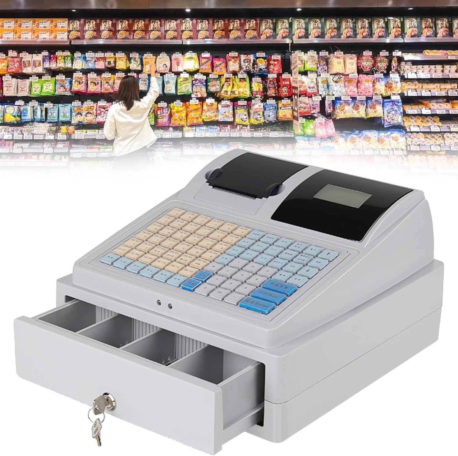 ZIROXI 81 Keys Electronic Cash Register, Commercial Smart Tills, Suitable for Shopping Center, with Thermal Printer and Large Capacity Cash Drawer