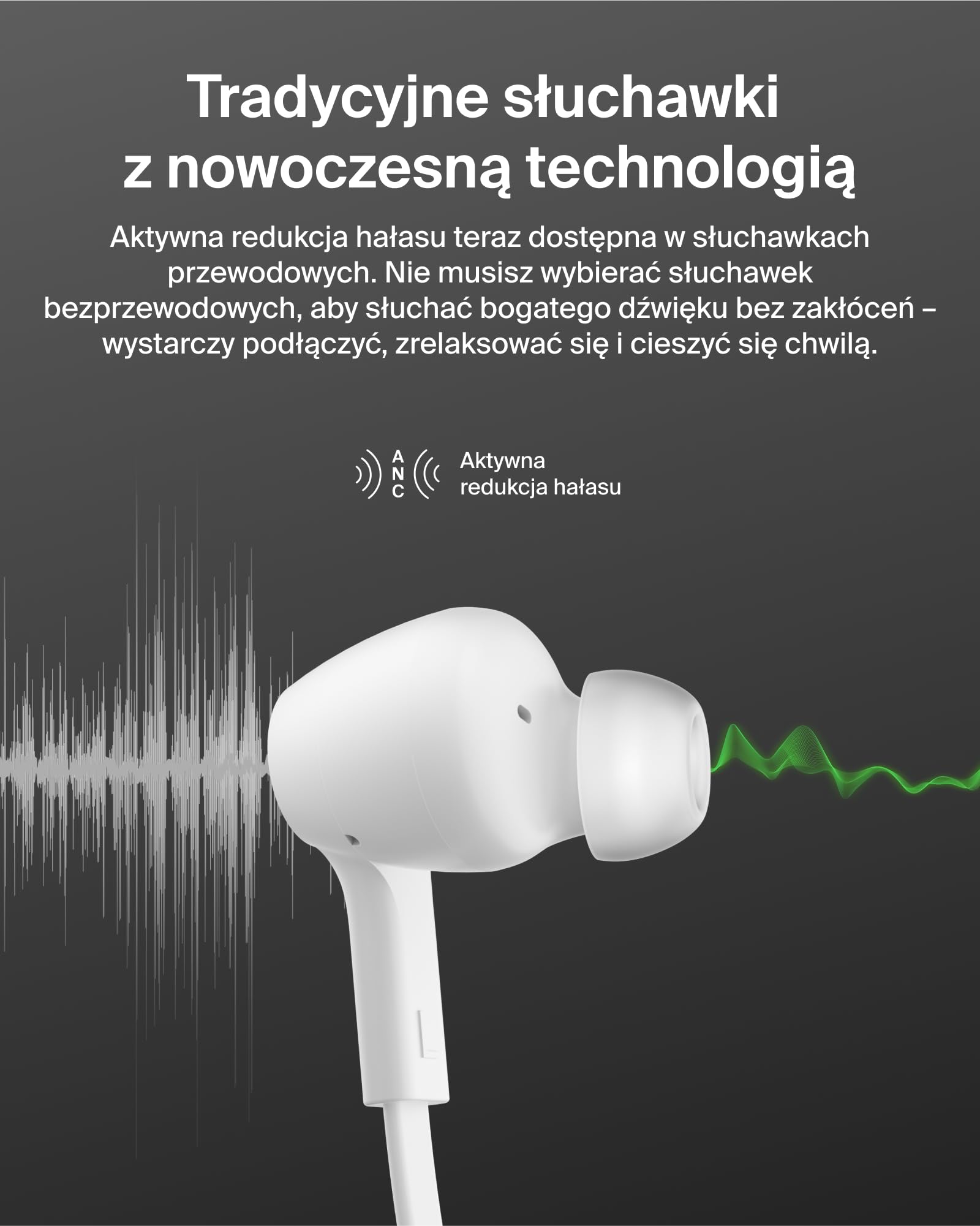 Belkin SoundForm ANC Słuchawki Przewodowe ze Złączem USB-C, Douszne z Mikrofonem – do Urządzeń iPhone 17, iPhone 16, iPad Mini, Galaxy S25, Google Pixel 9, Android i Innych – Białe