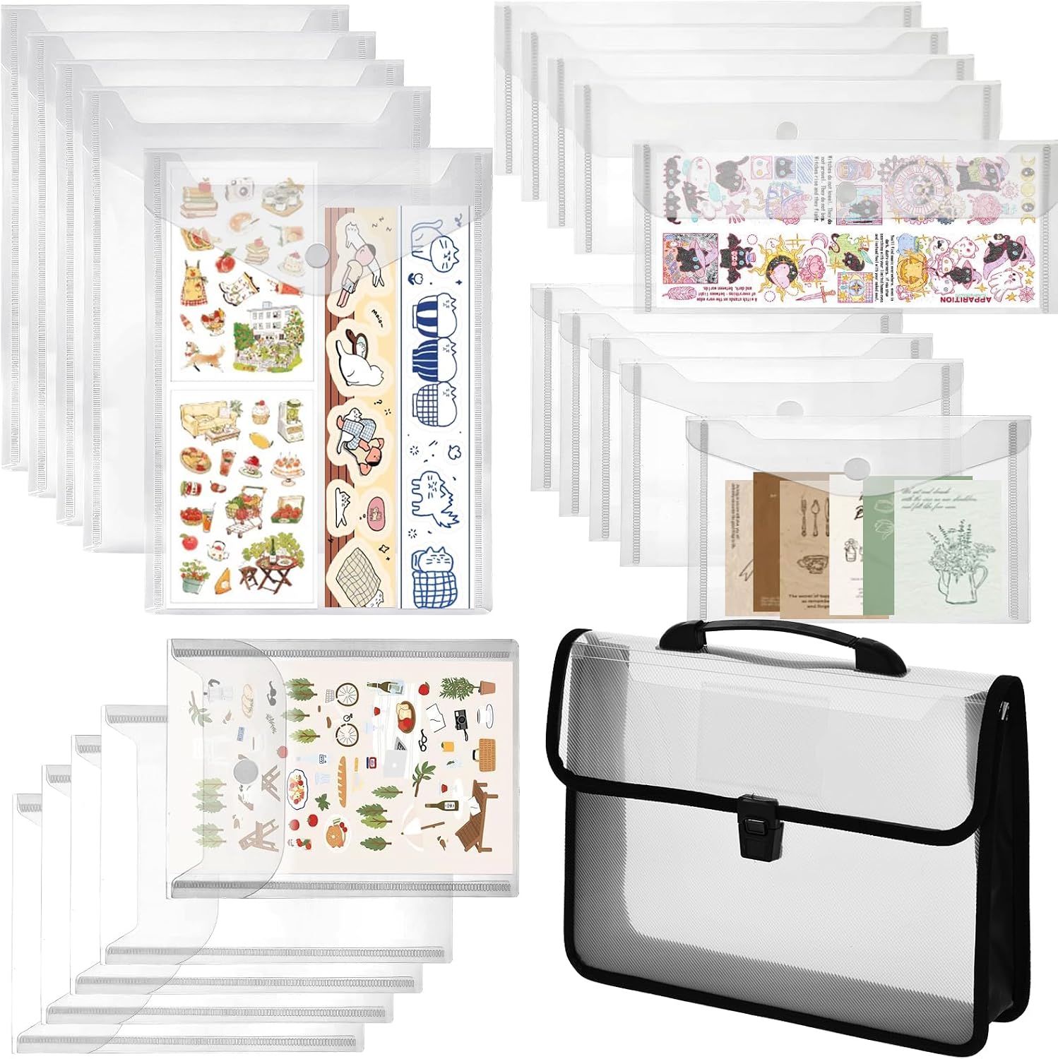 20 PCS Sticker Organizer Stamp and Die Storage Pockets with Handbag, Reusable Snap Closure Waterproof Envelopes, Clear Plastic Folders for Scrapbooking Washi Tape Photos Receipts (Mixed Sizes)