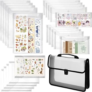 20 PCS Sticker Organizer, Sticker Storage, Stamp and Die Storage Pockets with Handbag, Reusable Snap Closure Waterproof Envelopes, Clear Plastic Folders for Scrapbooking Washi Tape Photos Receipts